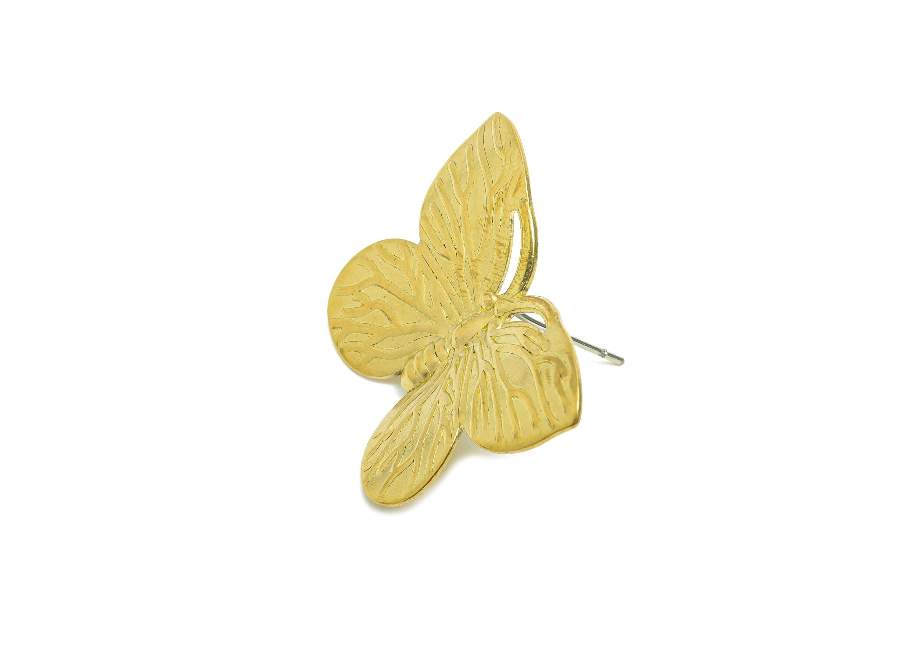 Brass Butterfly Stud Earring - Raw Brass Textured Butterfly Earring Stud - Brass Nature-Inspired Butterfly Earrings - 30x22x3mm - PP10810 - DOMEDBAZAAR