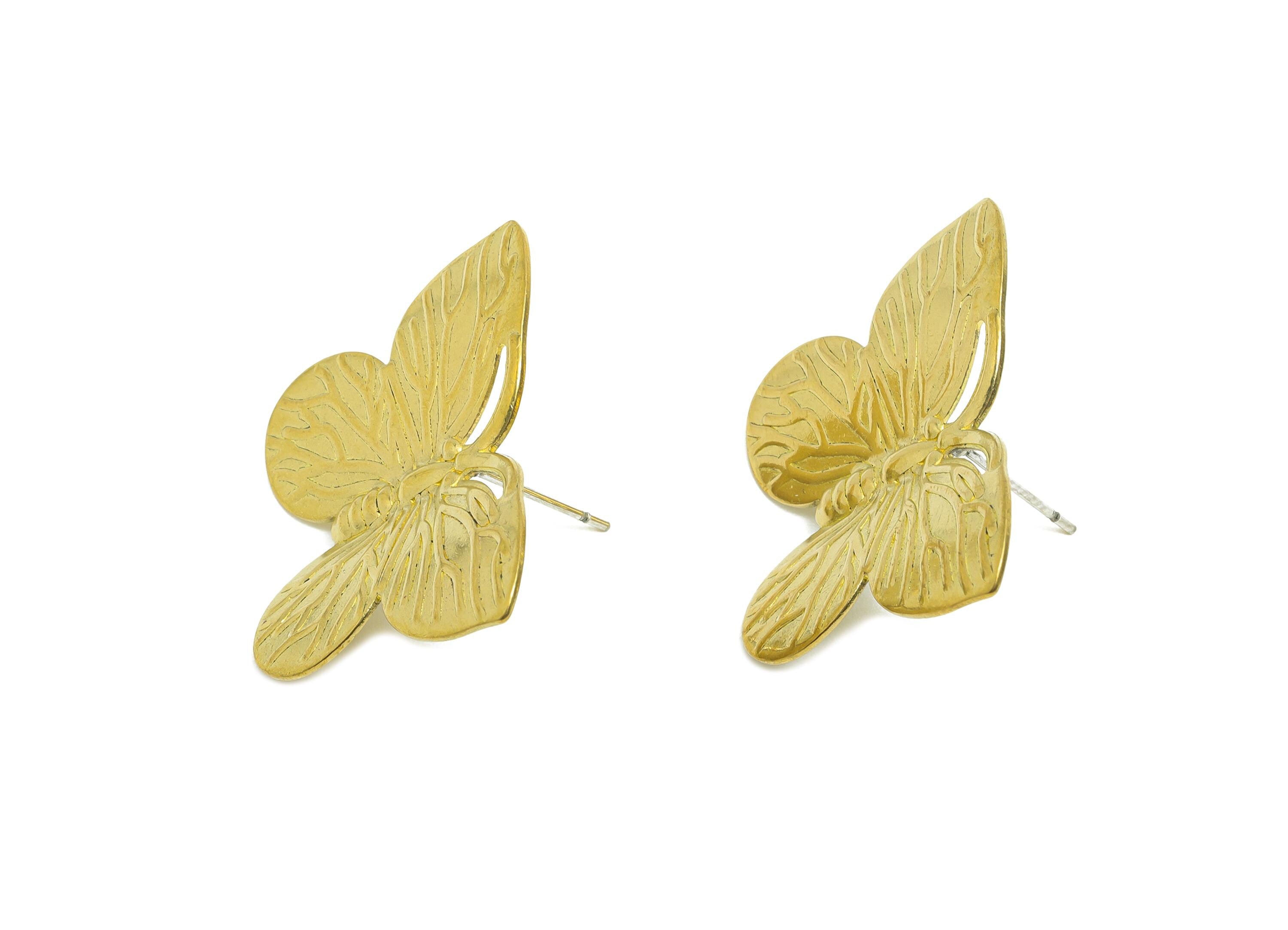 Brass Butterfly Stud Earring - Raw Brass Textured Butterfly Earring Stud - Brass Nature-Inspired Butterfly Earrings - 30x22x3mm - PP10810 - DOMEDBAZAAR