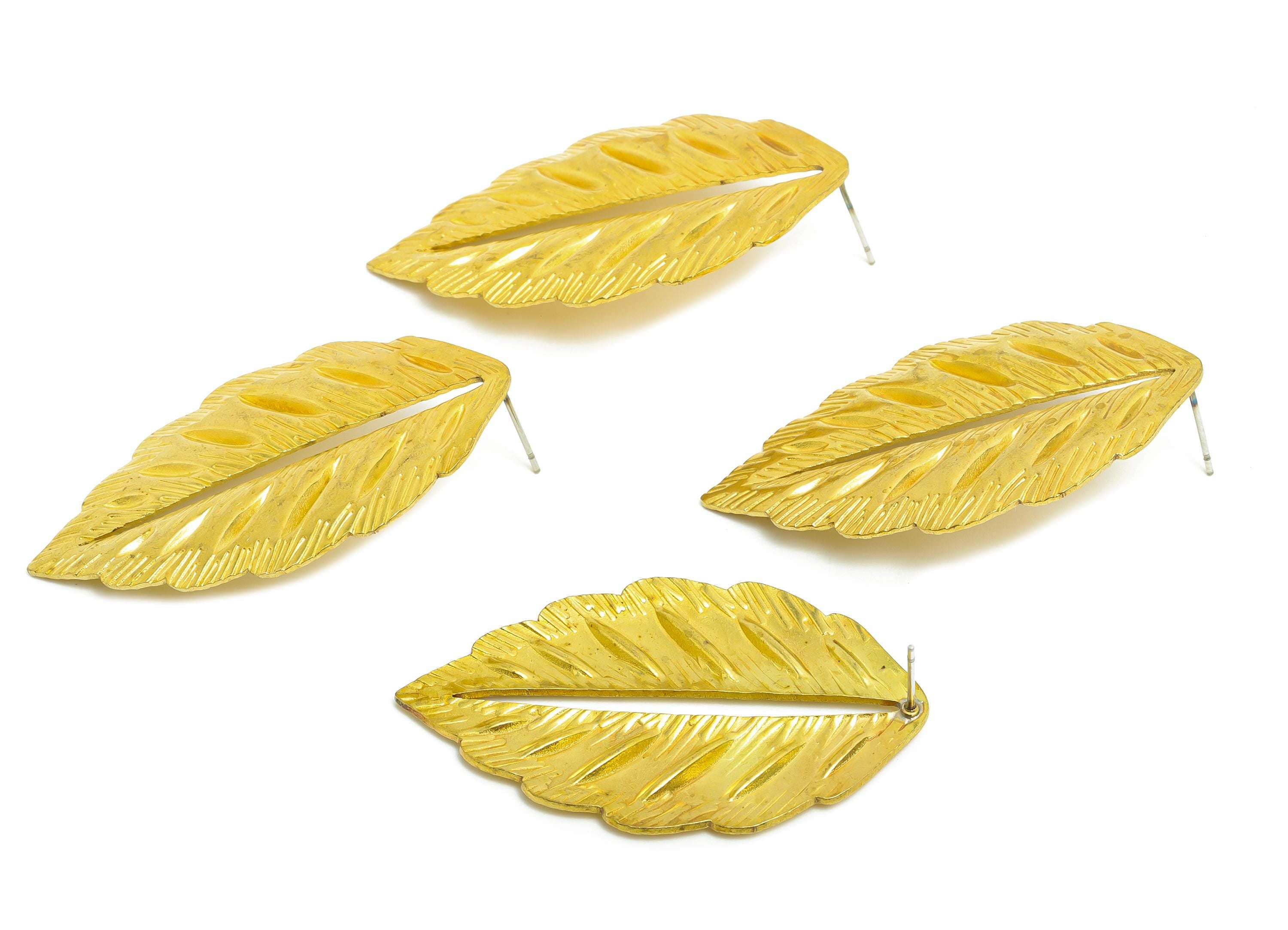 Brass Leaf Earring Post - Raw Brass Elegant Cutout Leaf Design Earring Stud - Brass Bold Textured Leaf Earring - 50x30x2.3mm - PP10785 - DOMEDBAZAAR