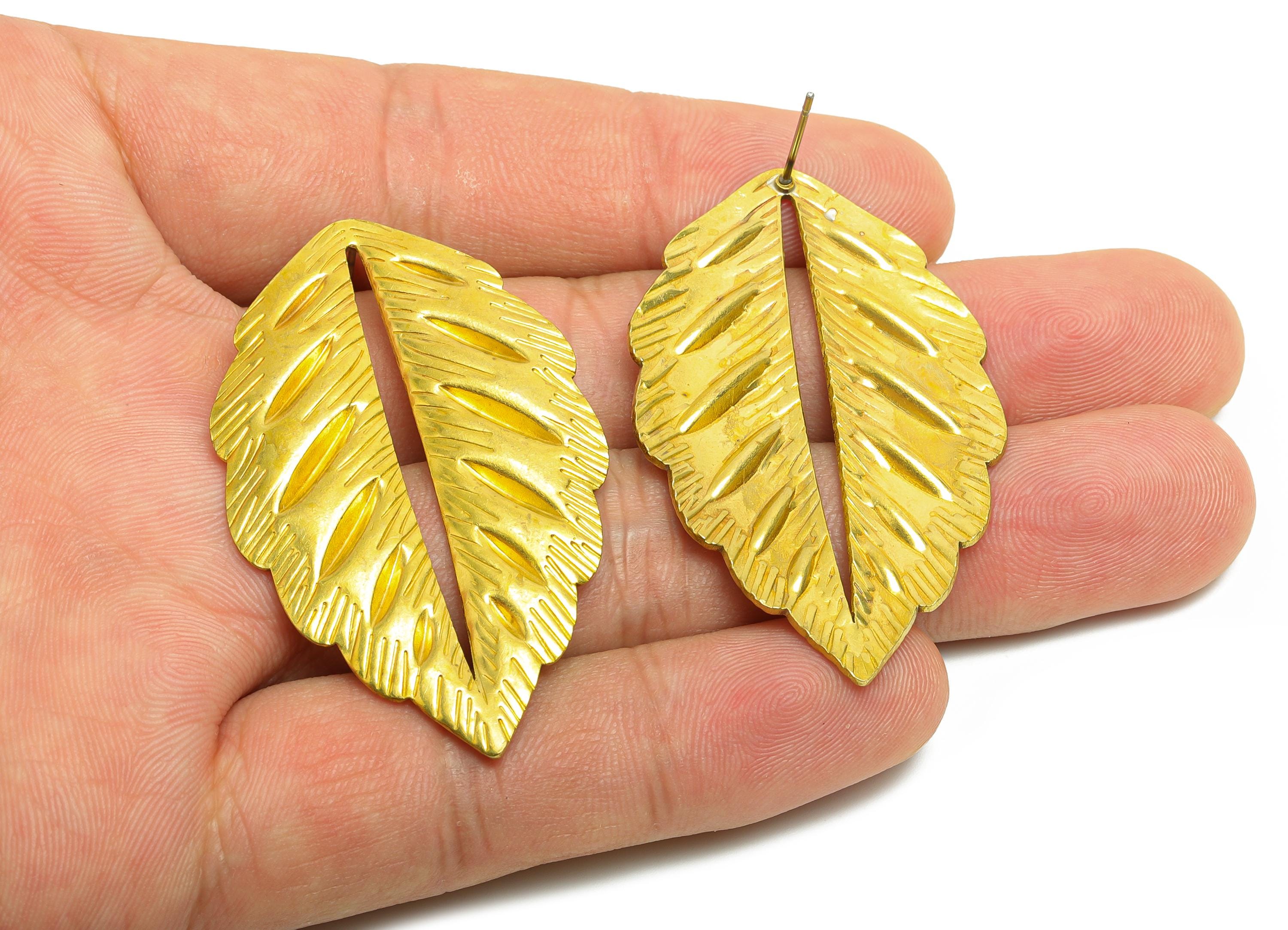 Brass Leaf Earring Post - Raw Brass Elegant Cutout Leaf Design Earring Stud - Brass Bold Textured Leaf Earring - 50x30x2.3mm - PP10785 - DOMEDBAZAAR