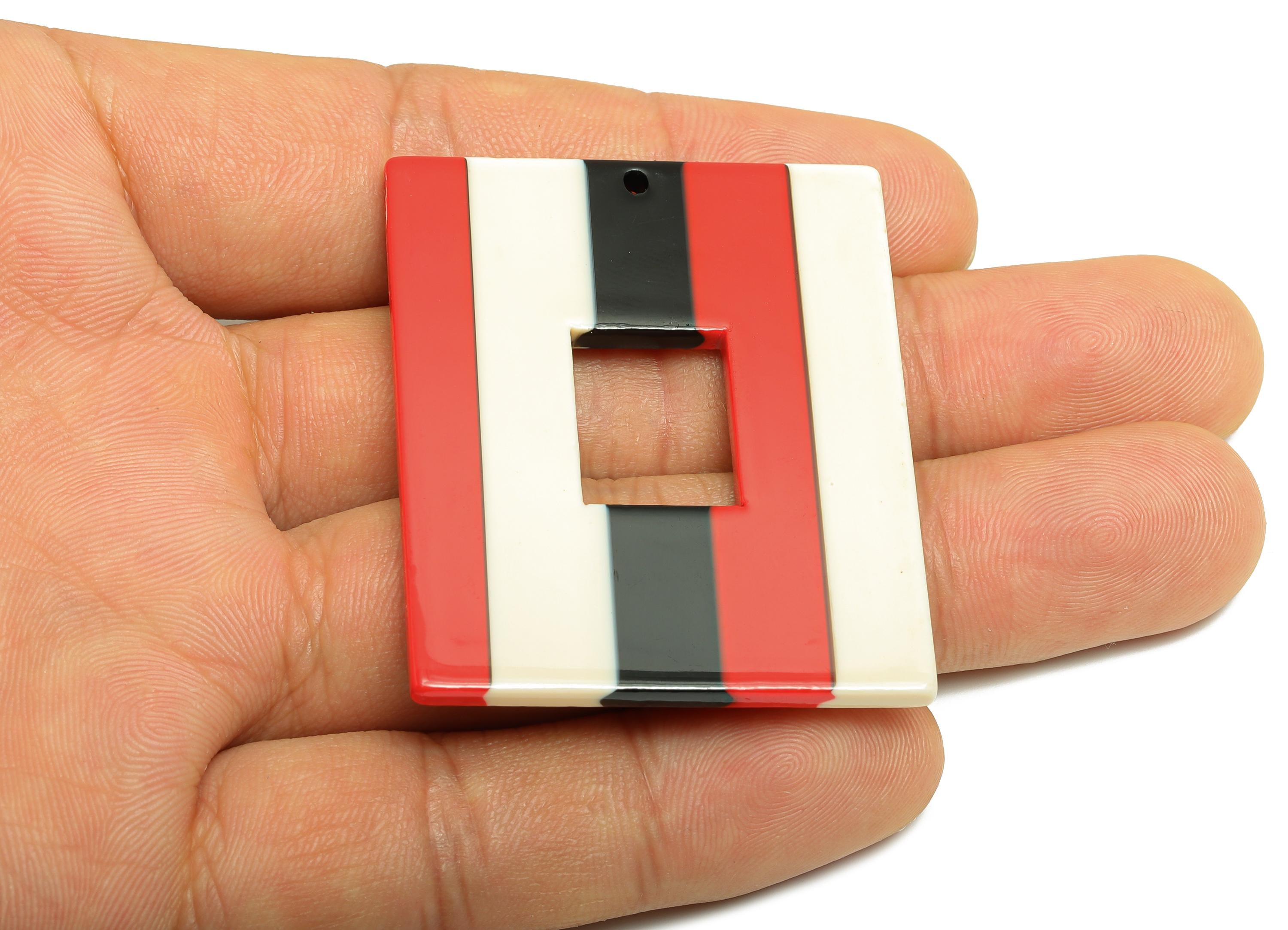 Acetic Acid Striped Charm - Bold Red Black Cream Geometric Charm - Modern Jewelry - Handmade Accessory - 48.92x39.65x2.54mm - AC2614-A1048 - DOMEDBAZAAR