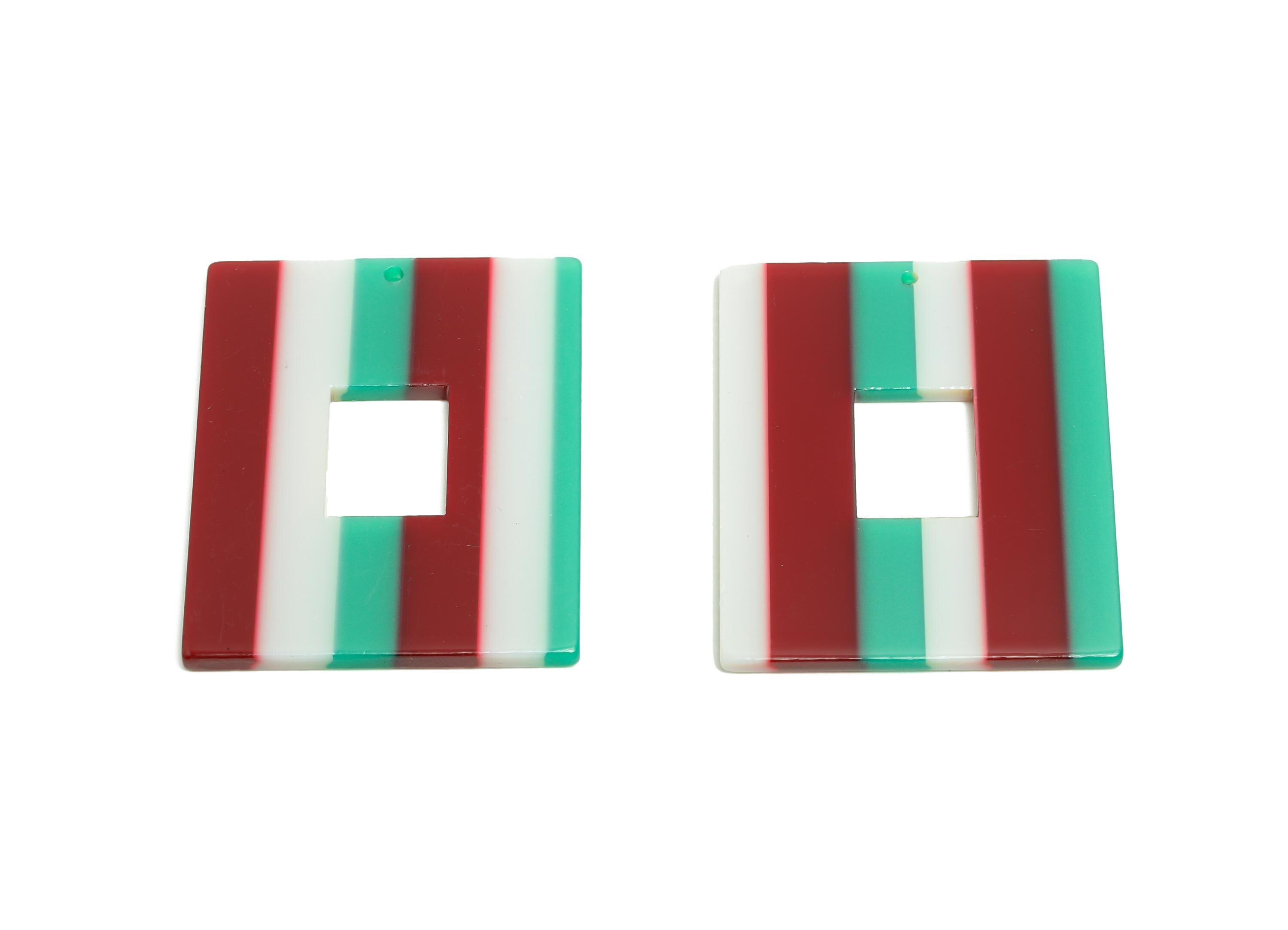 Acetic Acid Striped Charm - Bold Red Green Cream Geometric Charm - Modern Jewelry - Handmade Accessory - 48.92x39.65x2.54mm - AC2614-A1050 - DOMEDBAZAAR