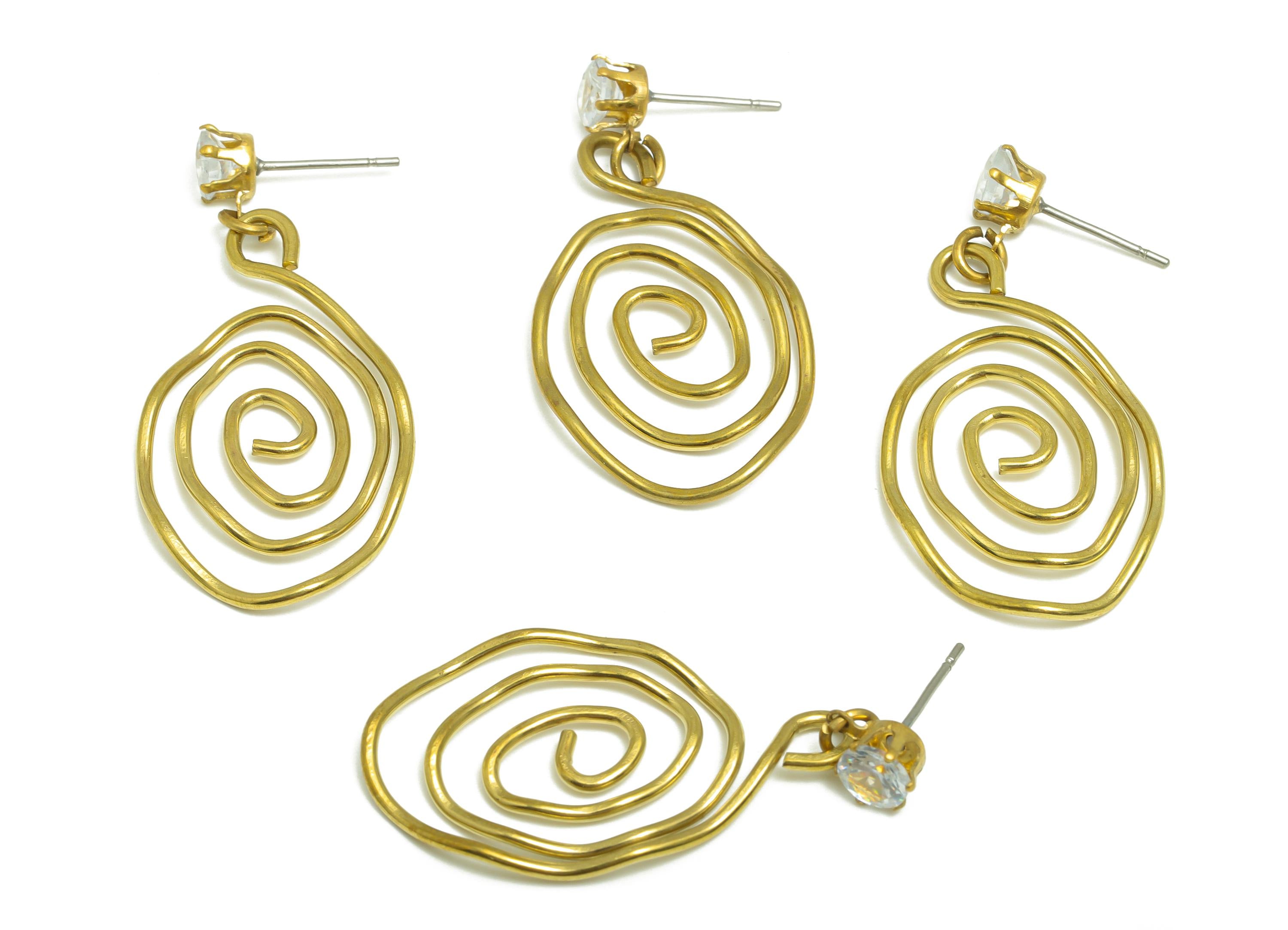 Brass Spiral Dangle Earring - Raw Brass Abstract Drop Earring Stud - Elegant Zircon Classic Jewelry - Gift For Woman - 33x9x2mm - PP10976 - DOMEDBAZAAR