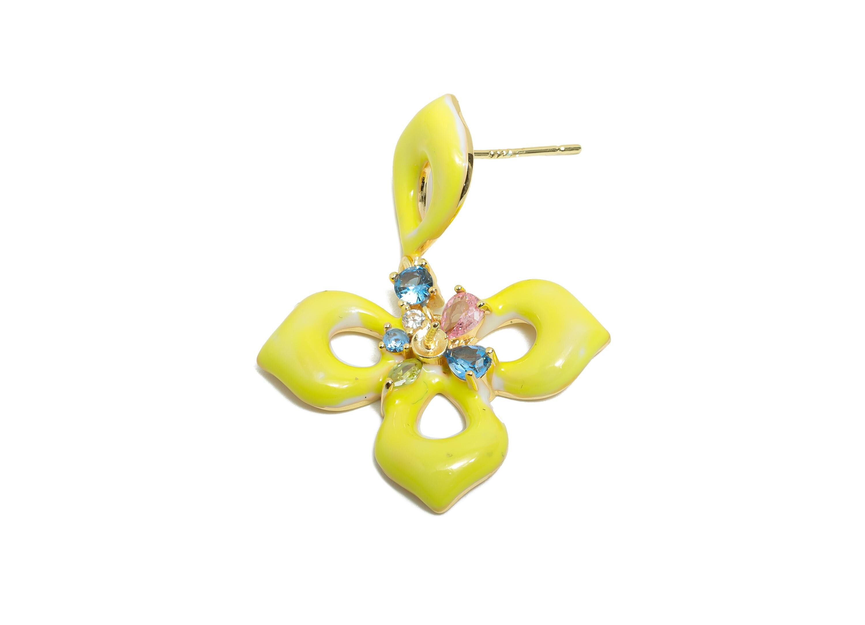 Bold Enamel Floral Earring - Zircon Enamel Earring Post - Fashionable Floral Drop Earring Crystals - Artistic Earring - 35x26x4mm - RGP9971 - DOMEDBAZAAR