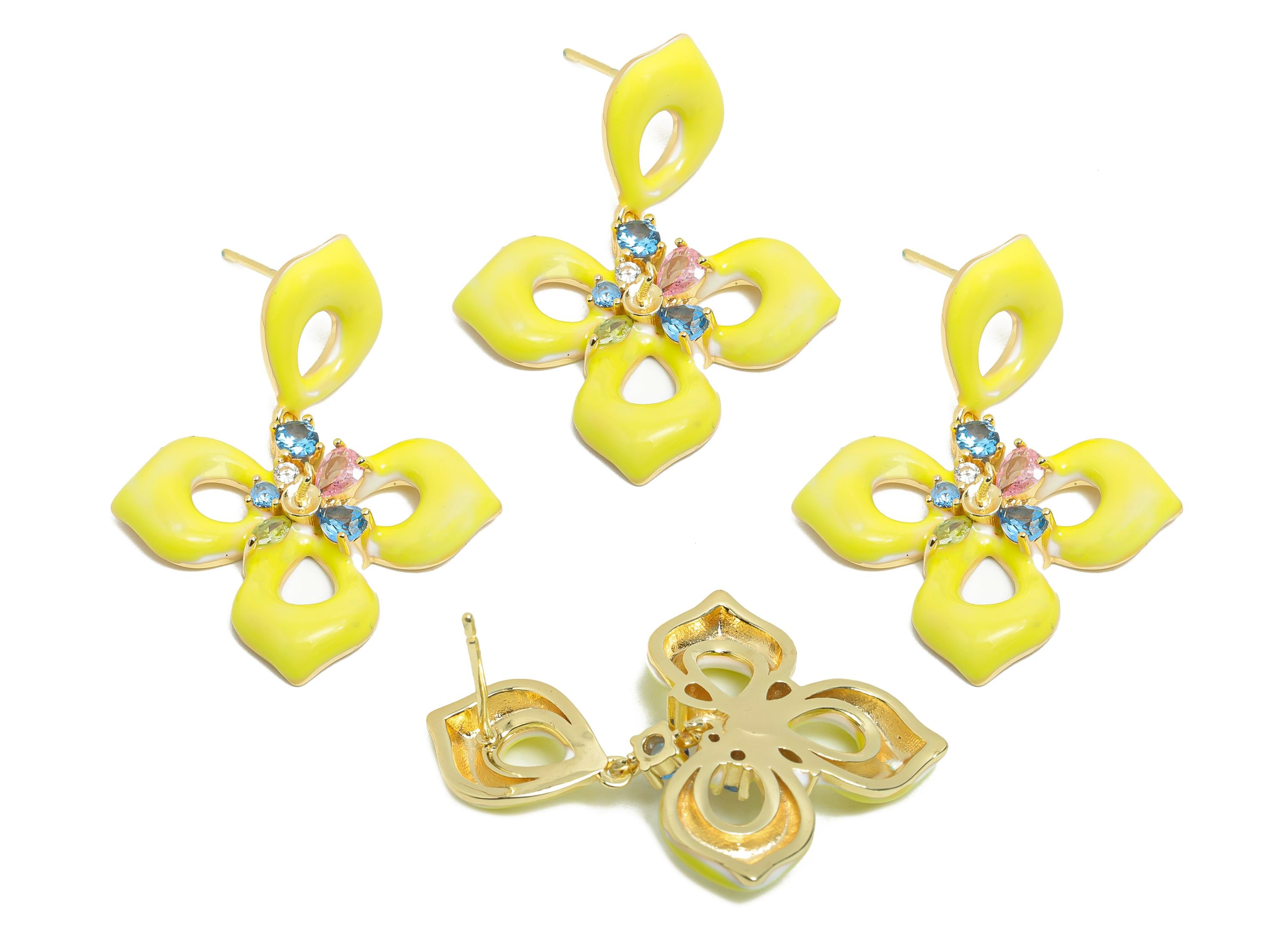 Bold Enamel Floral Earring - Zircon Enamel Earring Post - Fashionable Floral Drop Earring Crystals - Artistic Earring - 35x26x4mm - RGP9971 - DOMEDBAZAAR