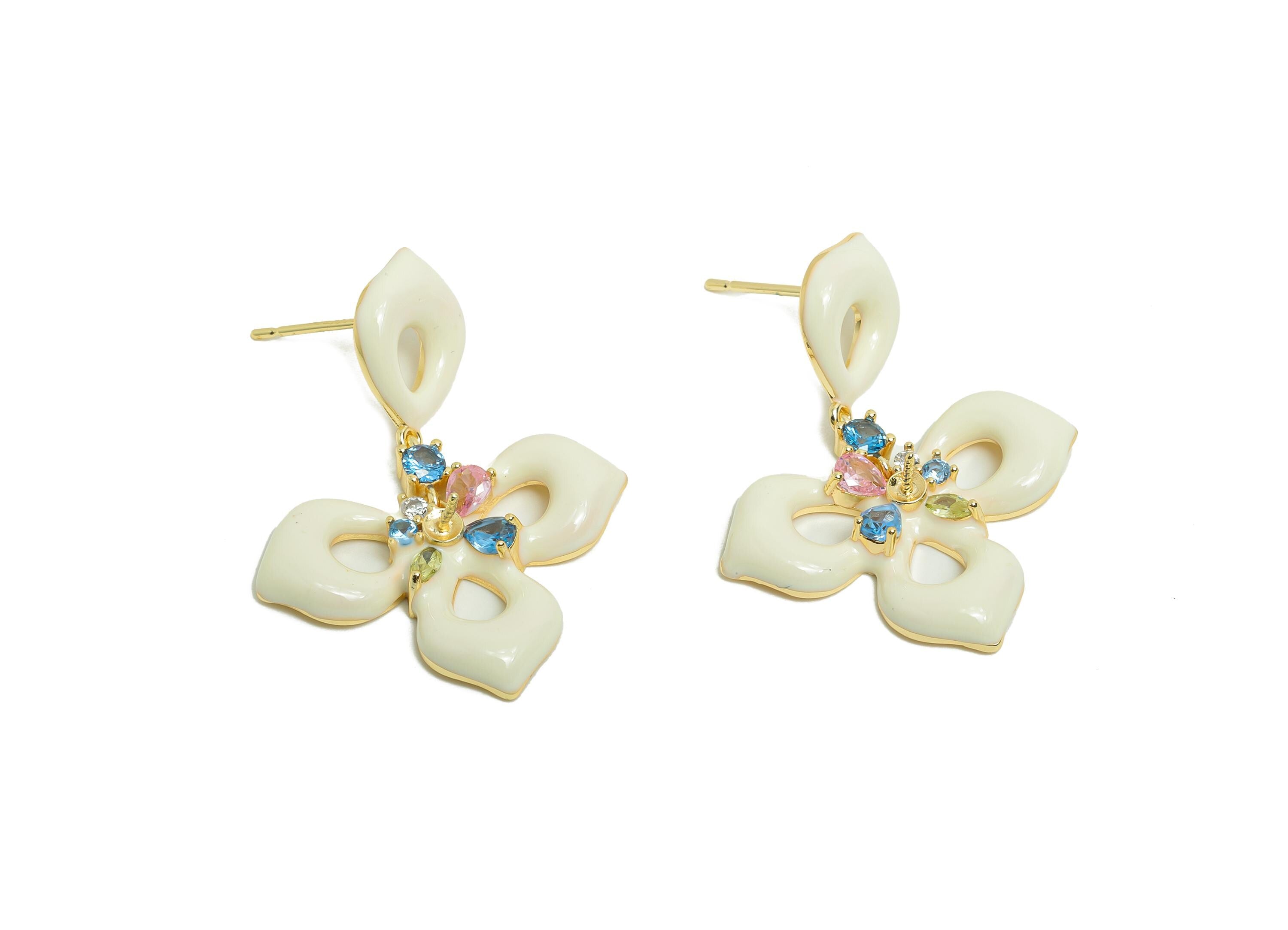 Bold Enamel Floral Earring - Zircon Enamel Earring Post - Fashionable Floral Drop Earring Crystals - Artistic Earring - 35x26x4mm - RGP9972 - DOMEDBAZAAR