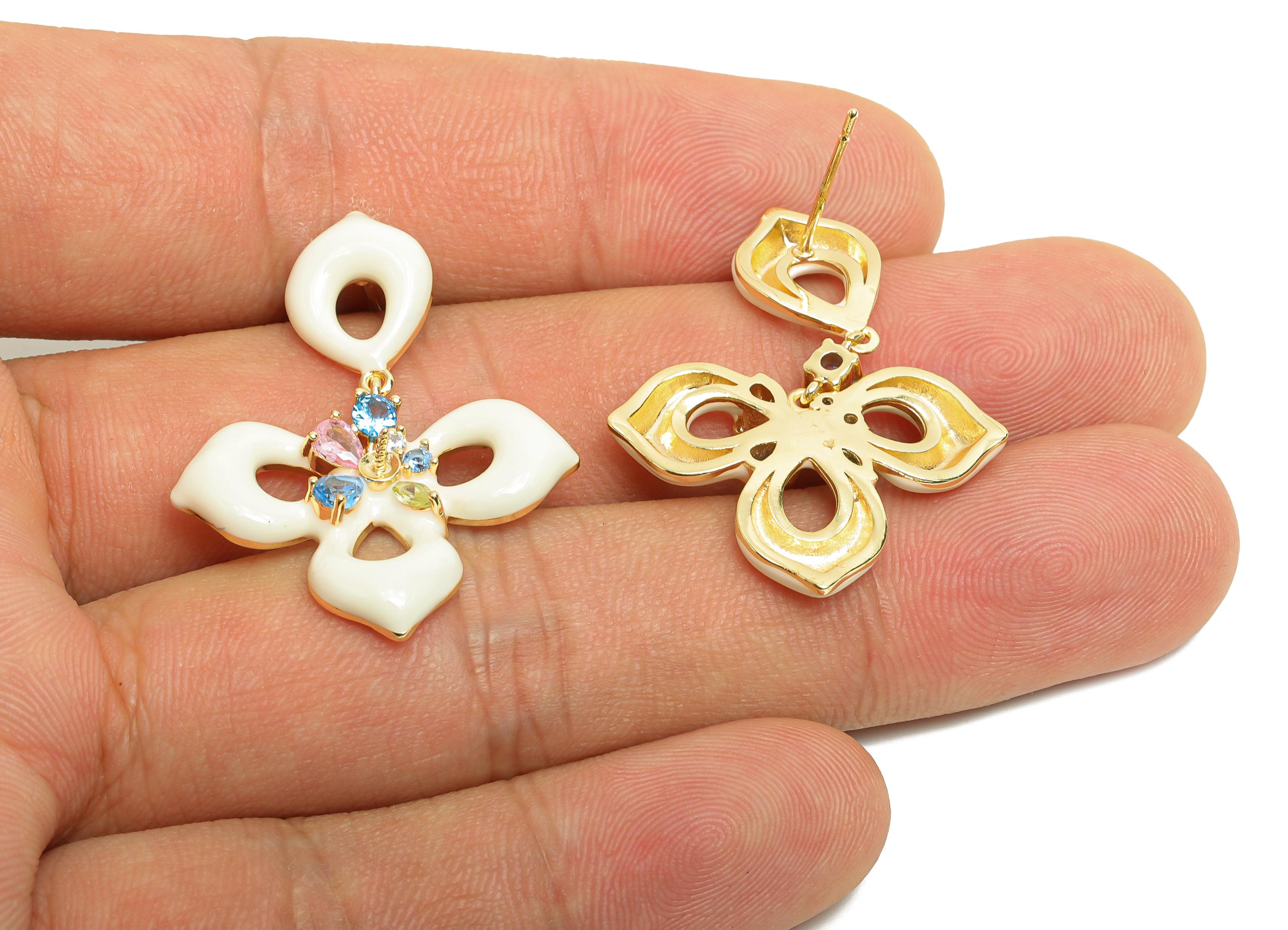Bold Enamel Floral Earring - Zircon Enamel Earring Post - Fashionable Floral Drop Earring Crystals - Artistic Earring - 35x26x4mm - RGP9972 - DOMEDBAZAAR