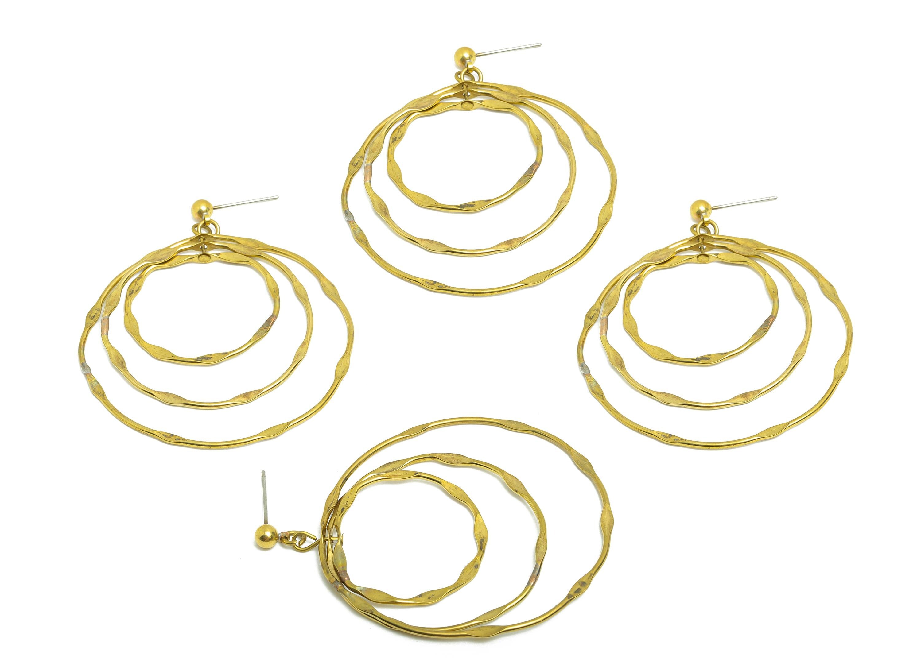 Hammered Earring Stud - Raw Brass Boho Chic Layered Hoop Earring Post - Hammered Double Hoop Earrings Post - 58x47x4mm - PP10836 - DOMEDBAZAAR