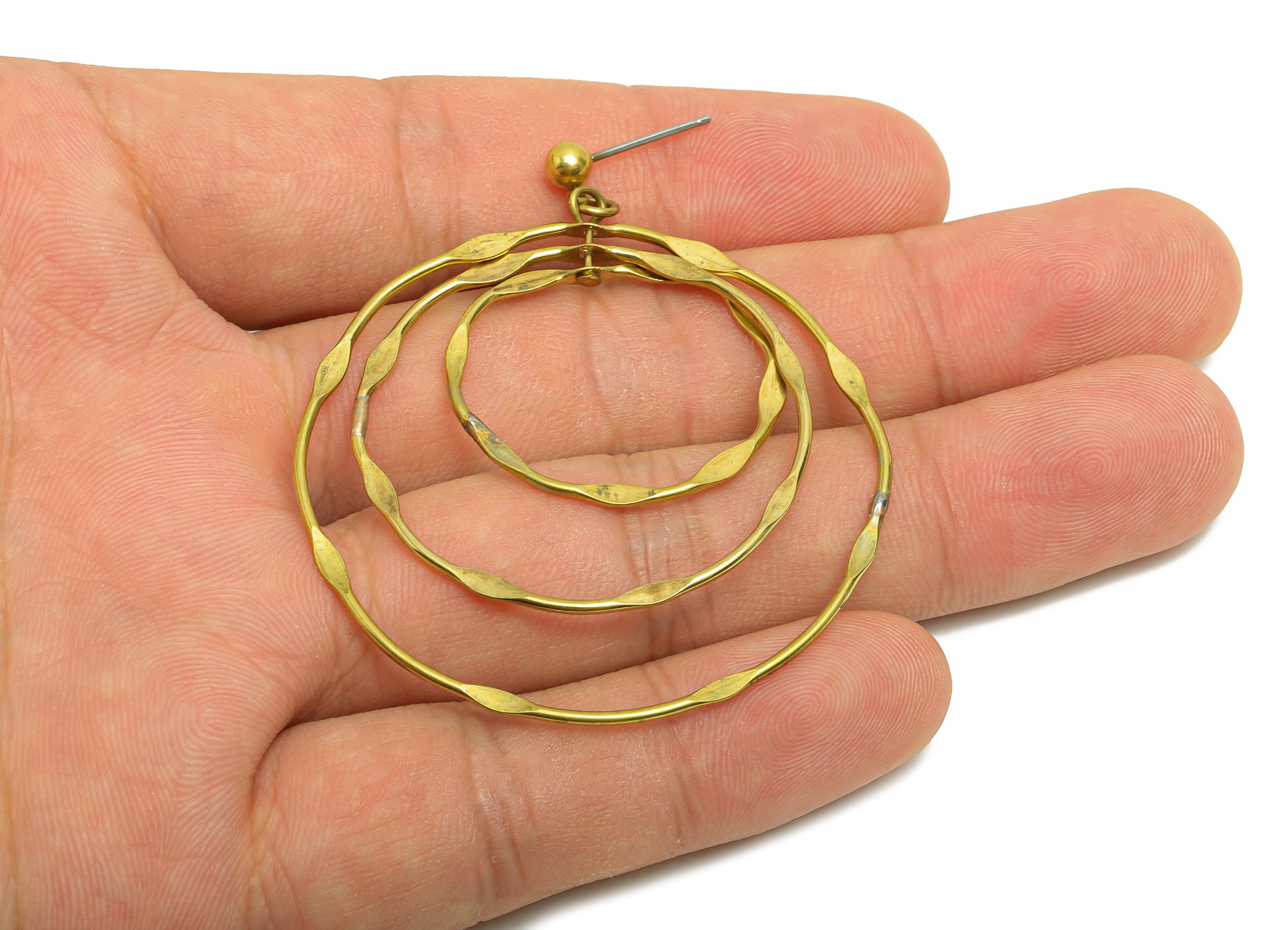 Hammered Earring Stud - Raw Brass Boho Chic Layered Hoop Earring Post - Hammered Double Hoop Earrings Post - 58x47x4mm - PP10836 - DOMEDBAZAAR