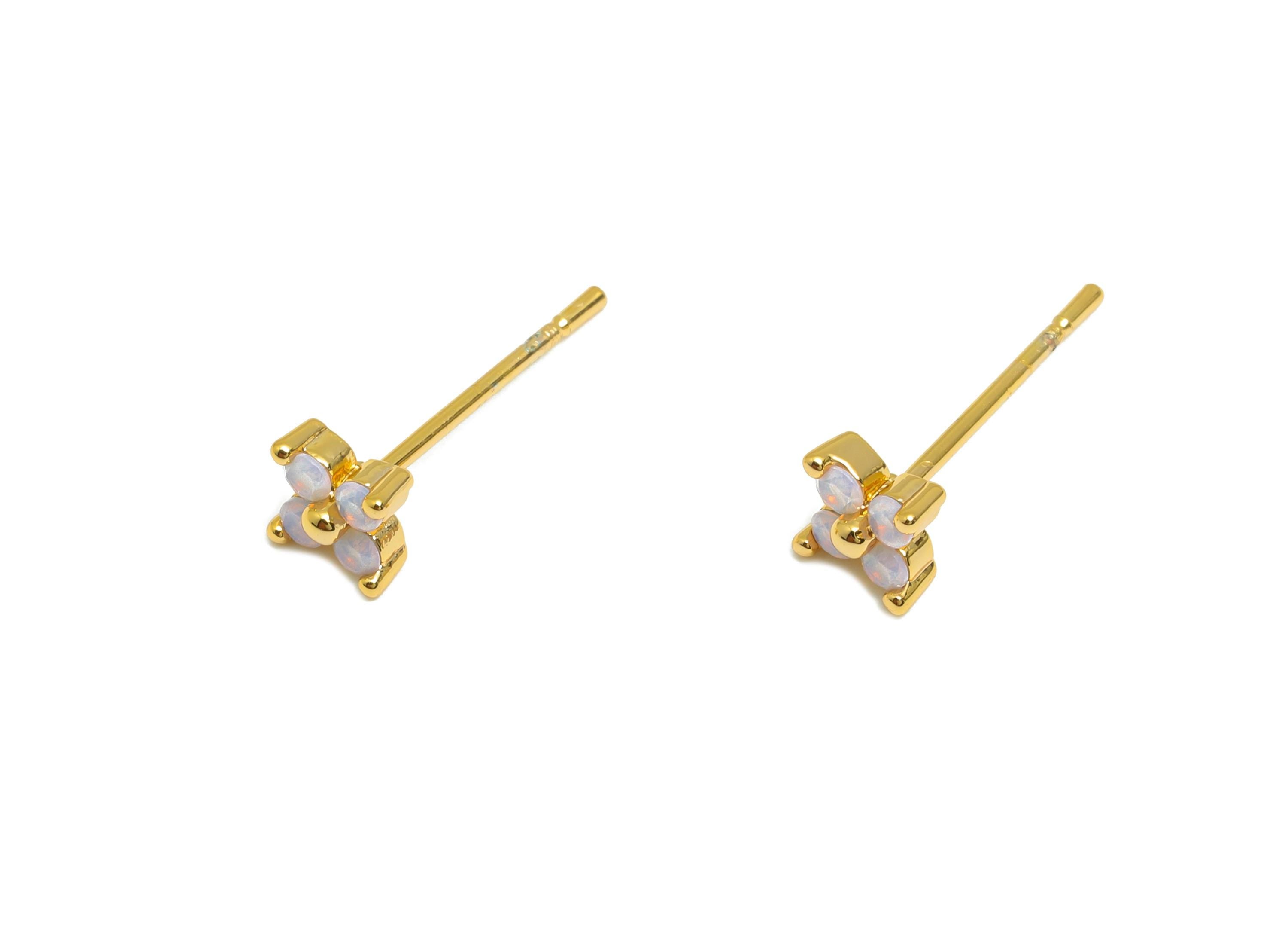 Brass Dainty Earring Stud - Brass Elegant Flower Earring Stud - Opalite Natural Stone Classic Jewelry - Gold Jewelry - 4.5x4x2mm - RGP10315 - DOMEDBAZAAR
