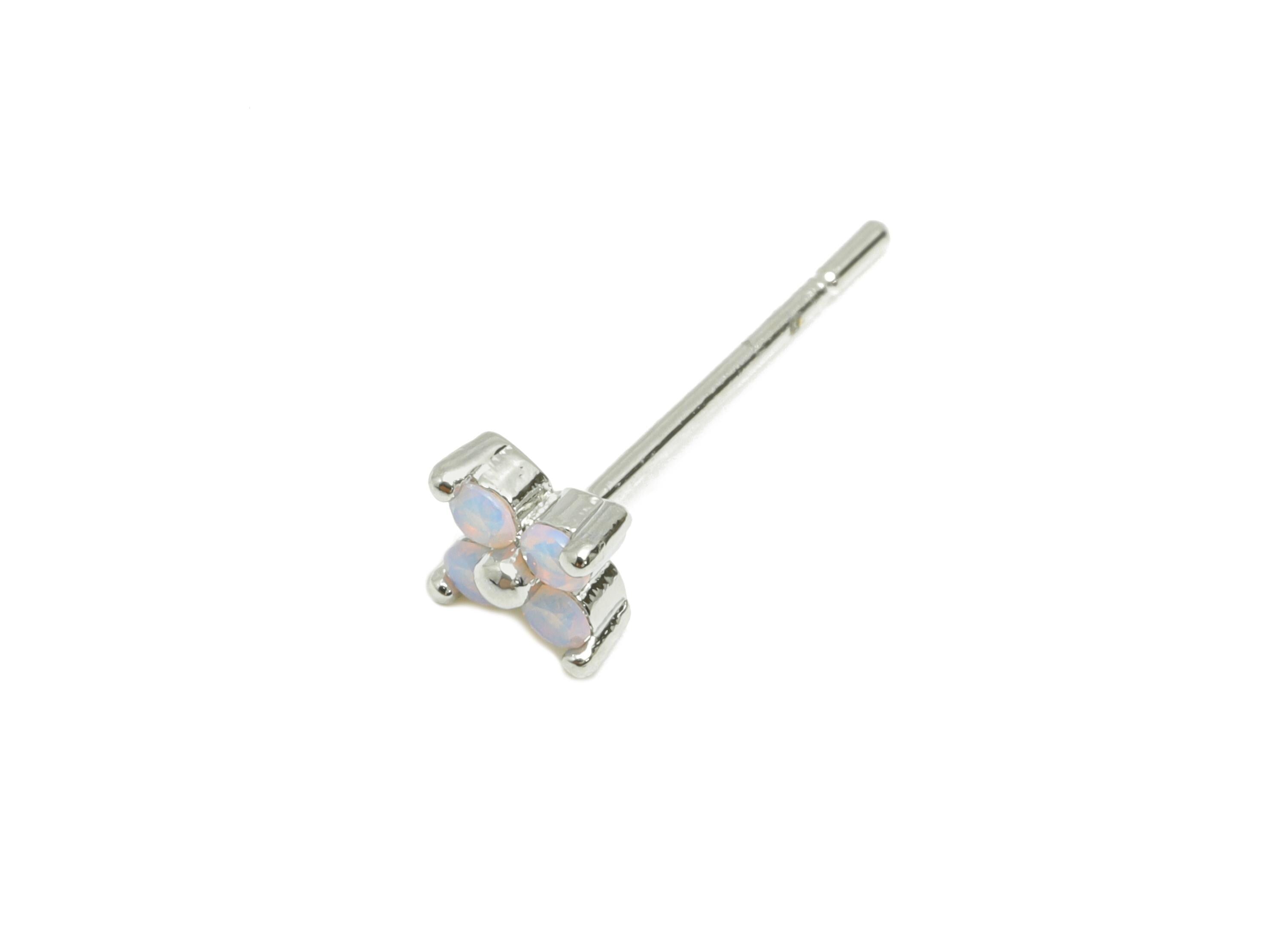 Brass Dainty Earring Stud - Brass Elegant Flower Earring Stud - Opalite Natural Stone Classic Jewelry - White Gold Plated - 4x4x2mm-RGP10316 - DOMEDBAZAAR