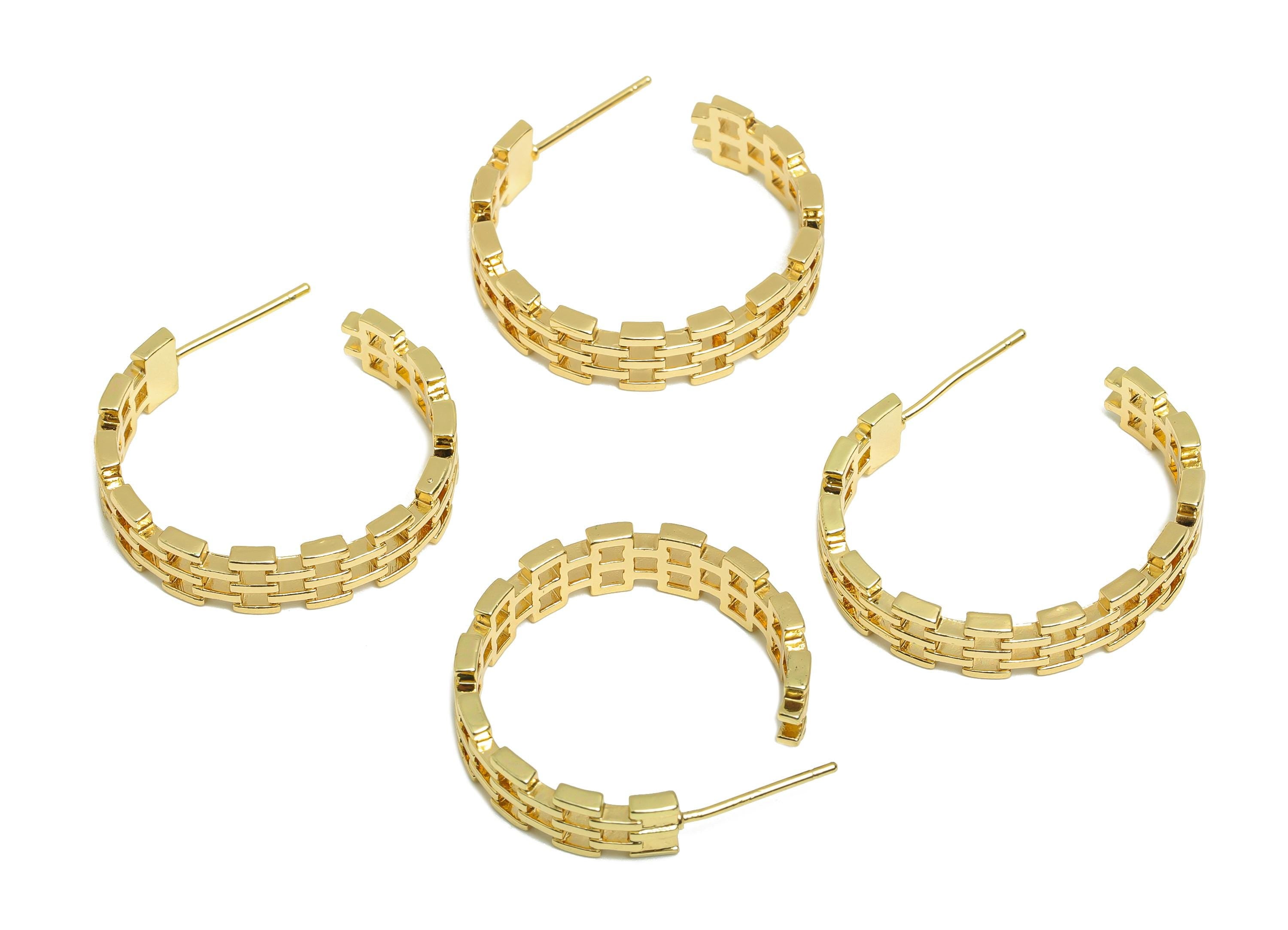 Brass Fence Earring Stud - Gold Minimalist C Hoop Earring Post - Circle Daily Wear Ear - 18K Real Gold Plating - 24.43x23.9x1.84mm - RGP9019 - DOMEDBAZAAR