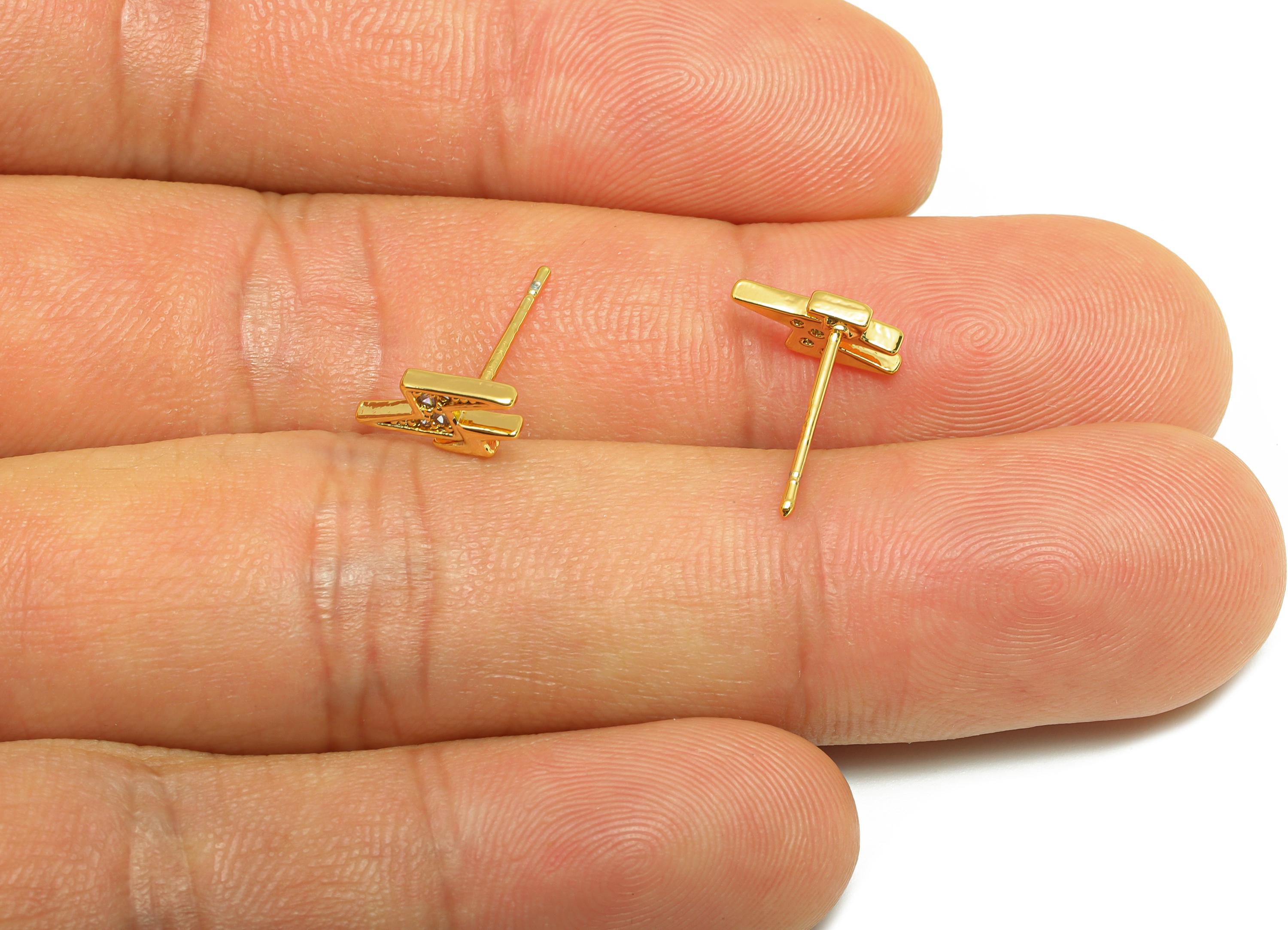 Brass Lightning Earring - Mini Zircon Earring Stud for Girls - Gold Daily Wear Earring - 18K Real Gold Plating - 10.09x4.76x1.32mm - RGP9132 - DOMEDBAZAAR