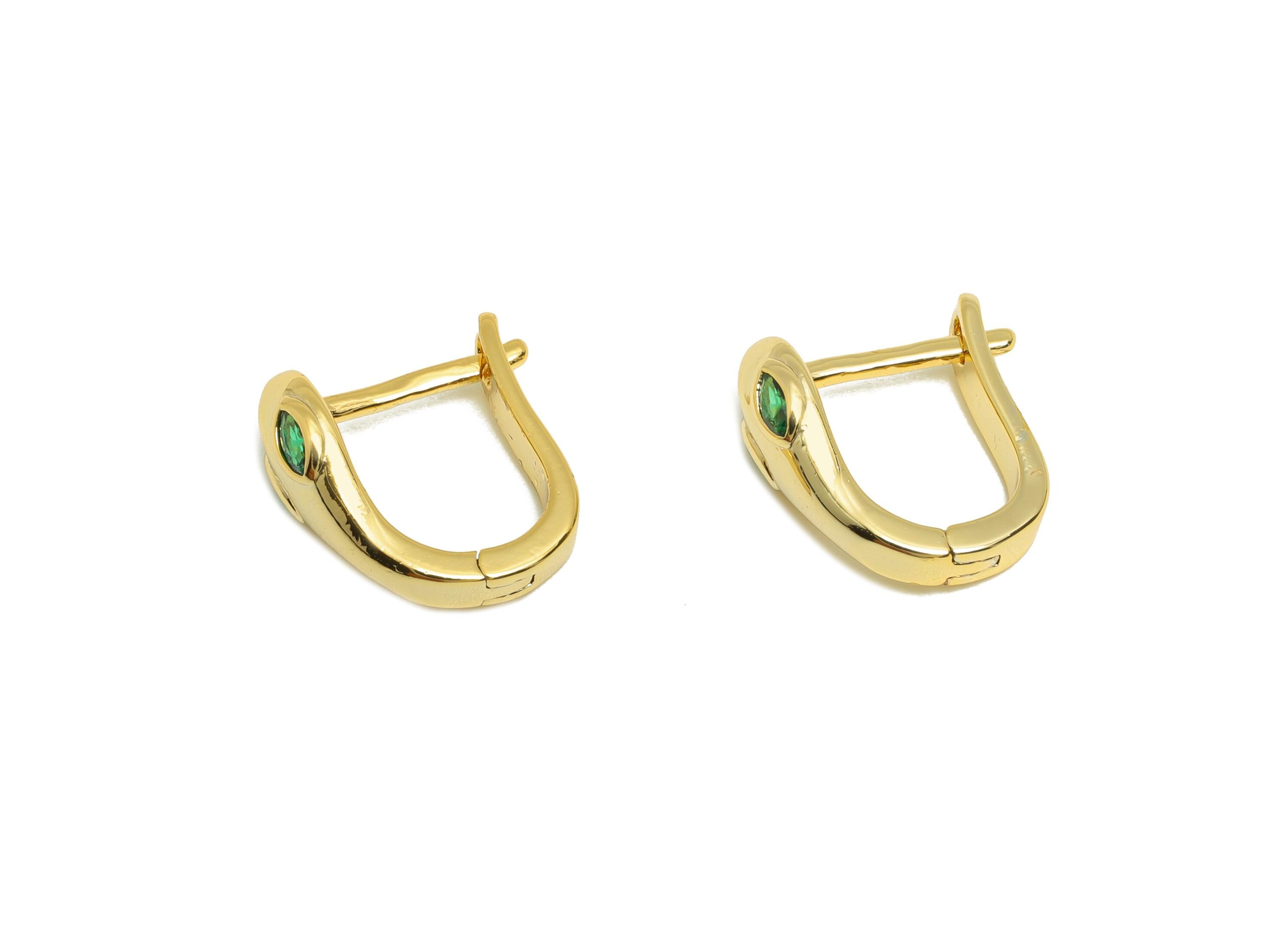 Brass Snake Huggie Earring - Gold Zircon Leverback Hoop Earring - CZ Daily Wear Earring - 18K Real Gold Plated - 12.14x11.81x2.12mm- RGP9021 - DOMEDBAZAAR