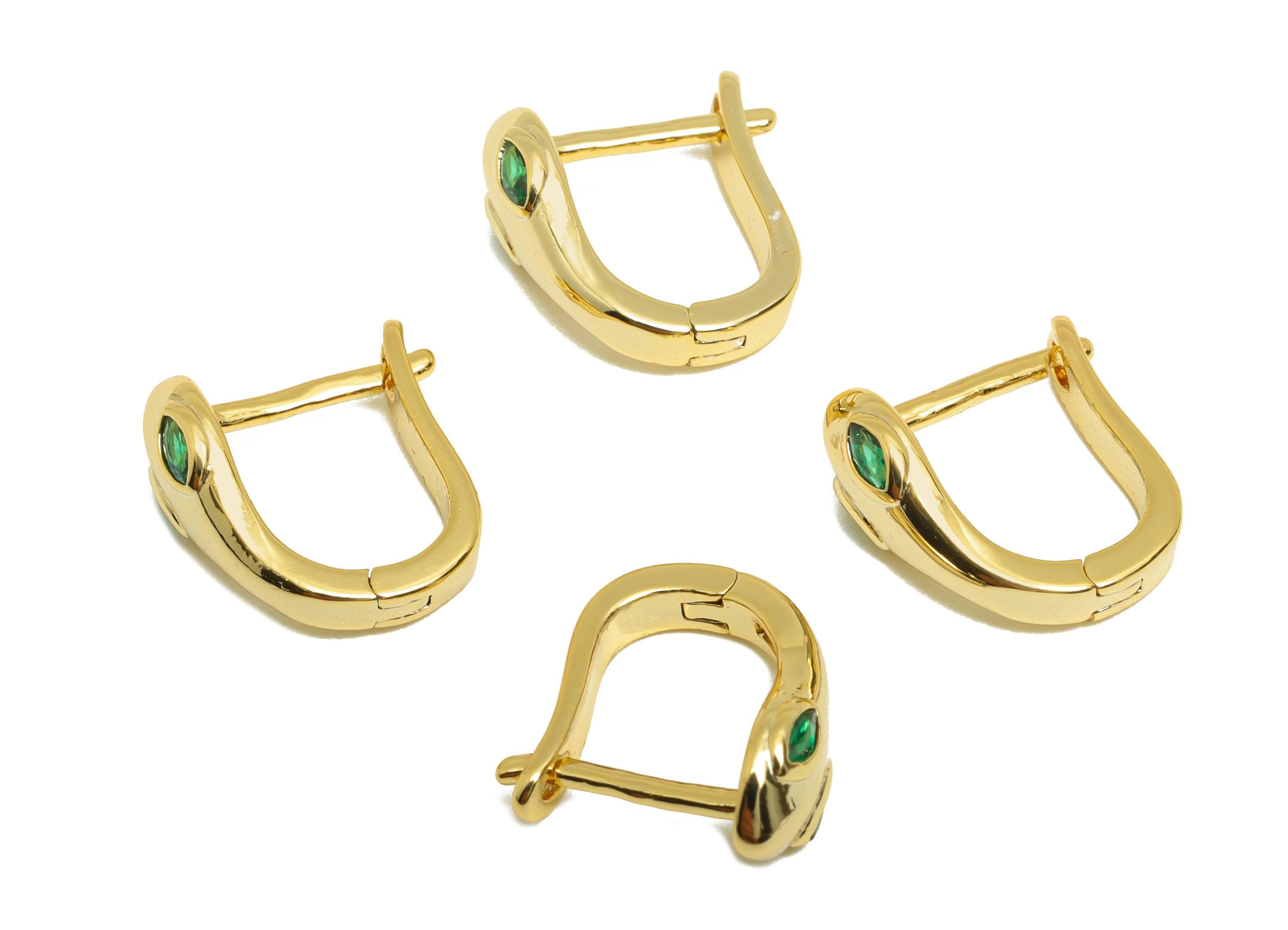 Brass Snake Huggie Earring - Gold Zircon Leverback Hoop Earring - CZ Daily Wear Earring - 18K Real Gold Plated - 12.14x11.81x2.12mm- RGP9021 - DOMEDBAZAAR