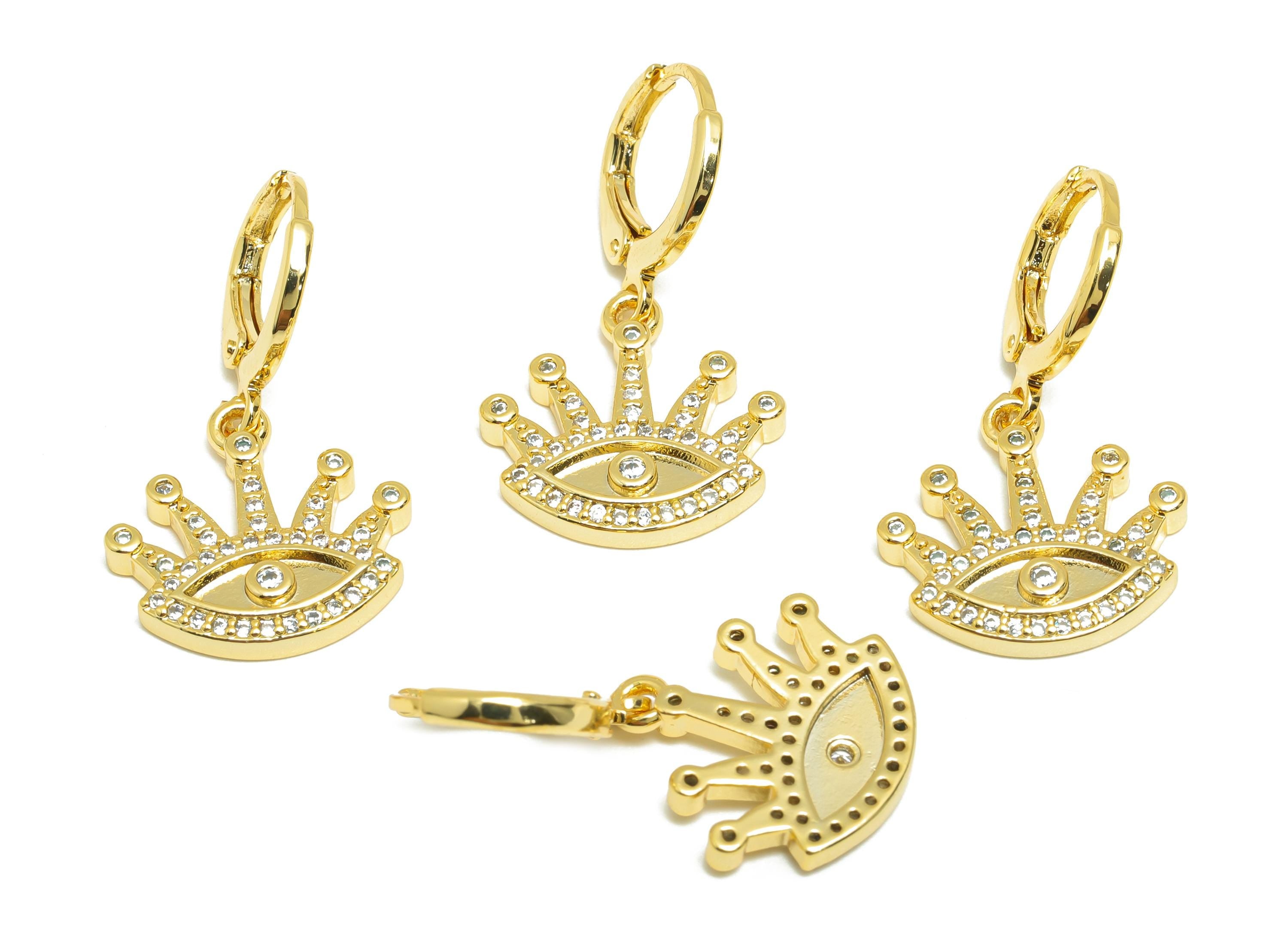 Brass Zircon Dangle Earring - Gold Eye Eyelash Huggie Earring - Daily Wear Hoop Earring - 18K Real Gold Plating - 29.5x16.24x2.25mm- RGP9141 - DOMEDBAZAAR