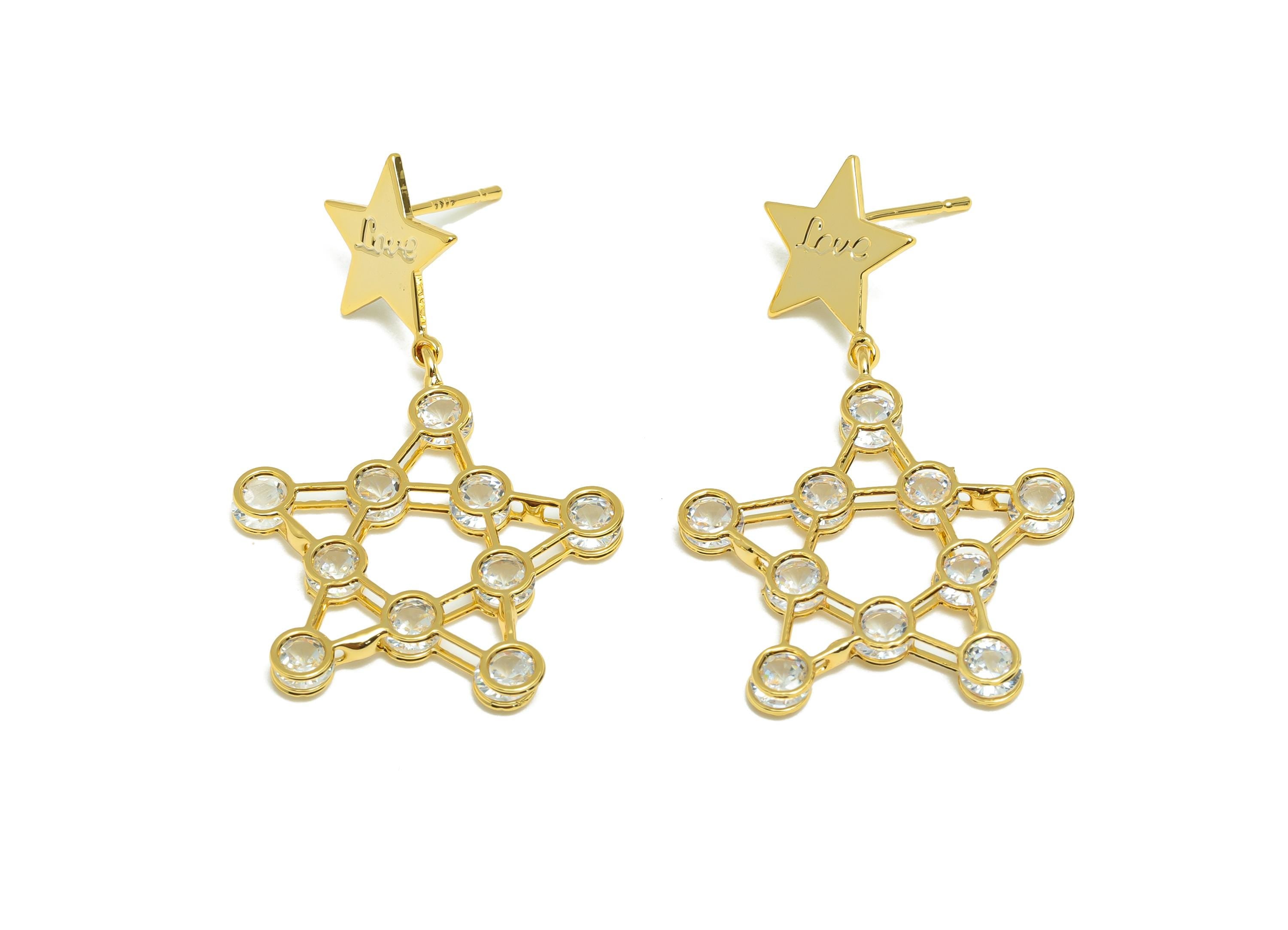 Brass Star Dangle Earring - Zircon Earring Stud for Girl - Gold Daily Wear Earring Post - 18K Real Gold Plating -38.89x24.07x2.61mm- RGP9144 - DOMEDBAZAAR