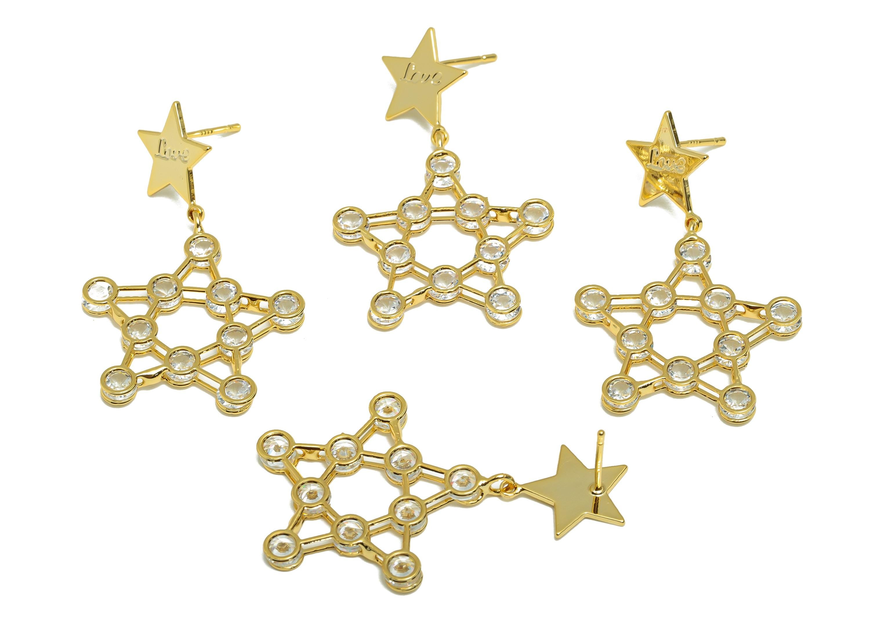 Brass Star Dangle Earring - Zircon Earring Stud for Girl - Gold Daily Wear Earring Post - 18K Real Gold Plating -38.89x24.07x2.61mm- RGP9144 - DOMEDBAZAAR