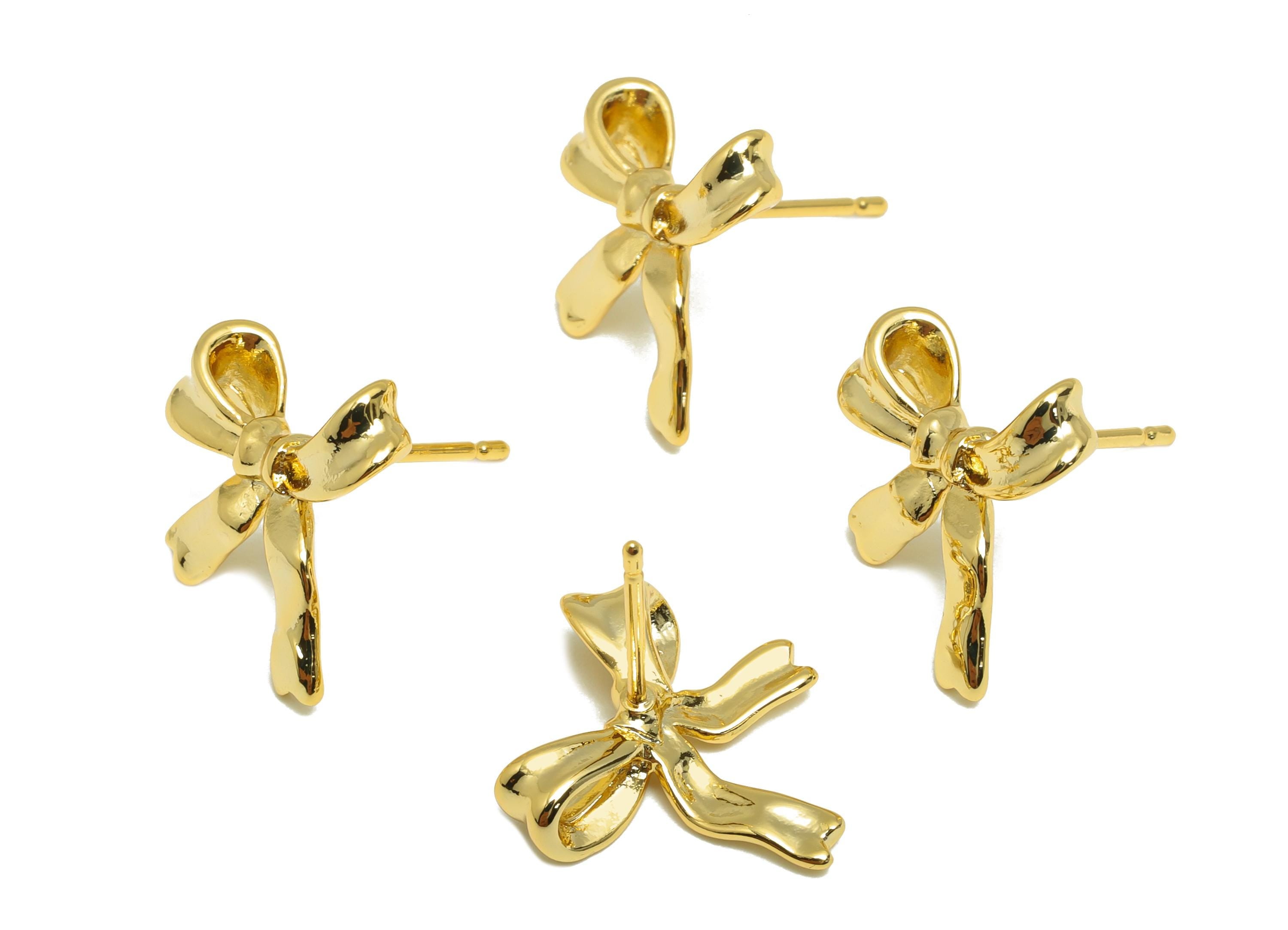 Brass Bow Tie Earring - Textured Bow Tie Earring Stud - Gold Daily Wear Earring Post - 18K Real Gold Plated - 13.98x13.44x0.84mm - RGP9145 - DOMEDBAZAAR