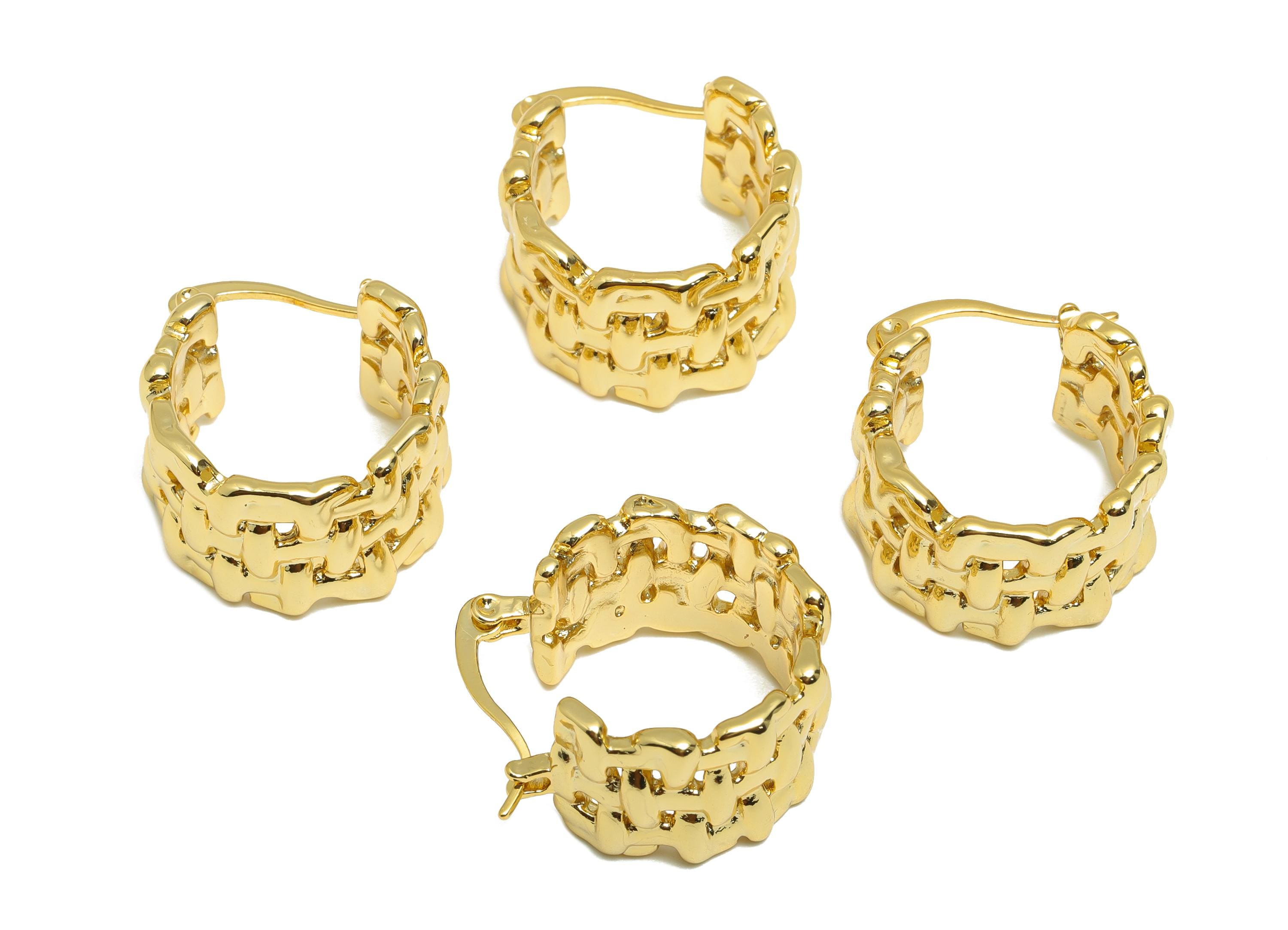 Brass Hinged Back Earring - Gold Hammered Fence Huggie Earring - Thick Daily Wear Ear - 18K Real Gold Plated - 21.12x19.8x2.18mm - RGP9149 - DOMEDBAZAAR