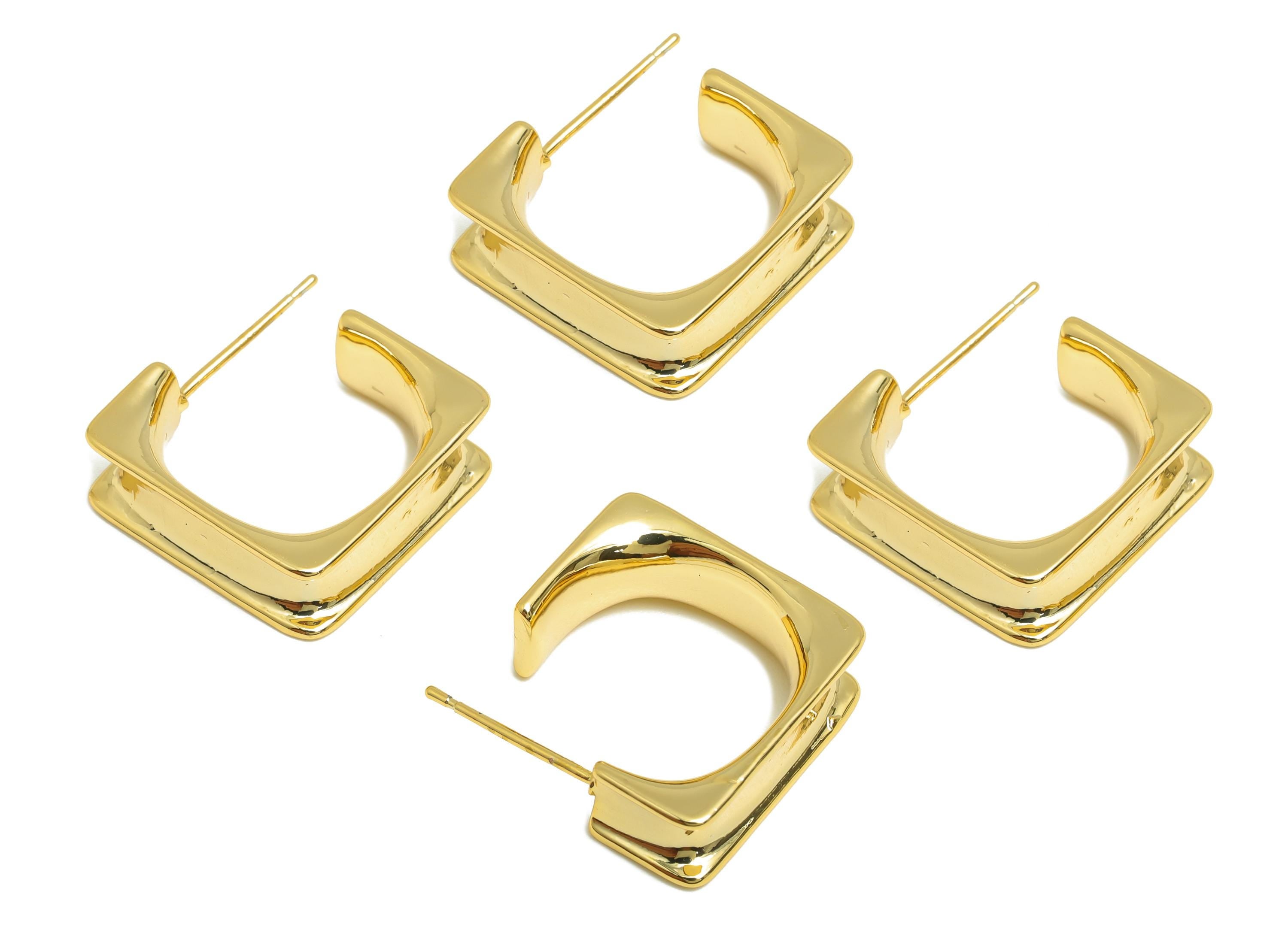 Brass Square Earring Stud - Gold C Hoop Earring Post - Minimalist Daily Wear Earring - 18K Real Gold Plating - 18.06x18.02x1.39mm - RGP9151 - DOMEDBAZAAR
