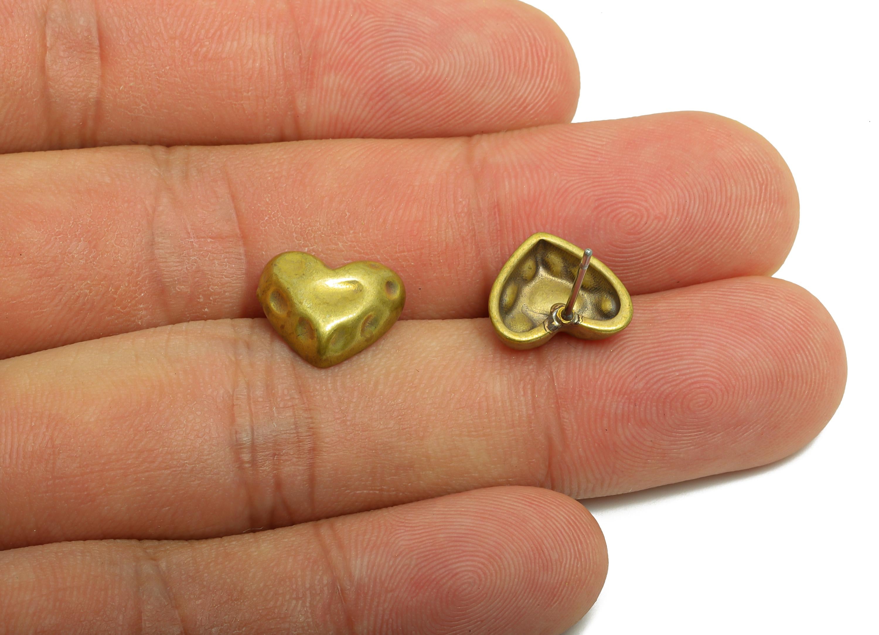 Vintage Brass Heart Stud Earring - Raw Brass Textured Handcrafted Heart Earring Post - Brass Artisan Jewelry - 10.5x12.43x3.83mm - PP10828 - DOMEDBAZAAR