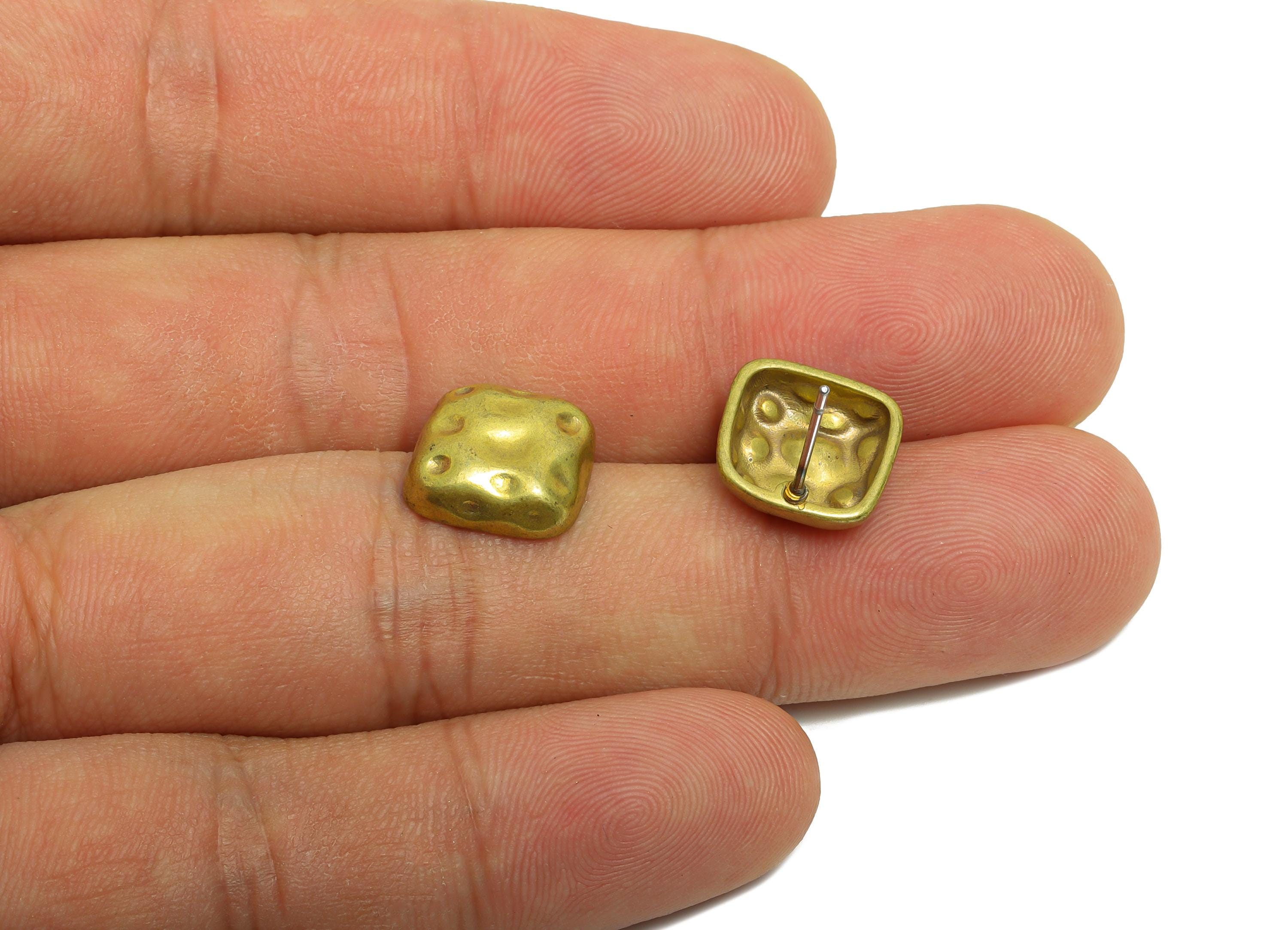 Vintage Brass Square Stud Earring - Raw Brass Textured Handcrafted Geometry Earring Post - Brass Artisan Jewelry - 11.9x11.38x4mm - PP10827 - DOMEDBAZAAR