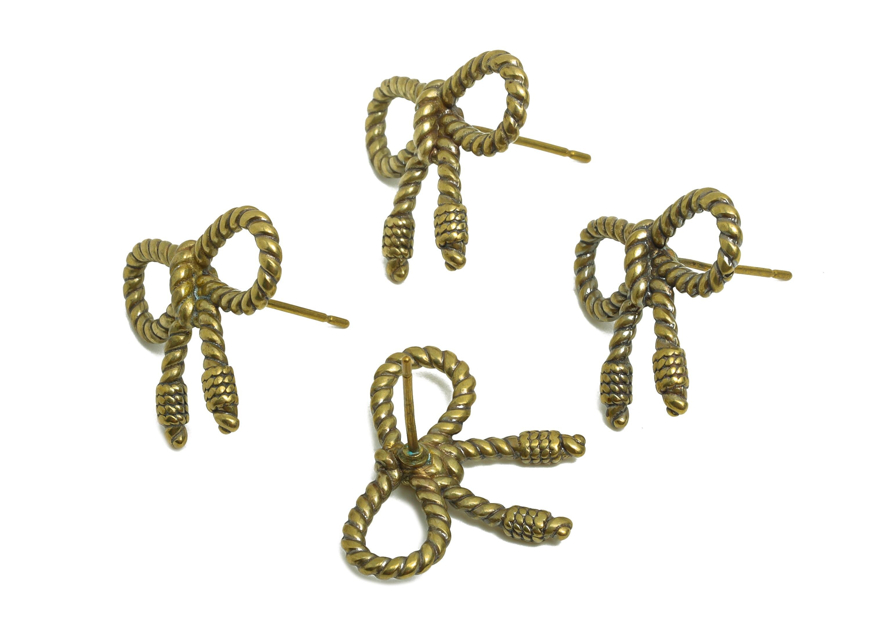 Vintage Bow Stud Earring - Raw Brass Textured Twist Knot Post - Brass Artisan Antique Jewelry - Handcrafted Jewelry - 19.82x15x4mm - PP10822 - DOMEDBAZAAR