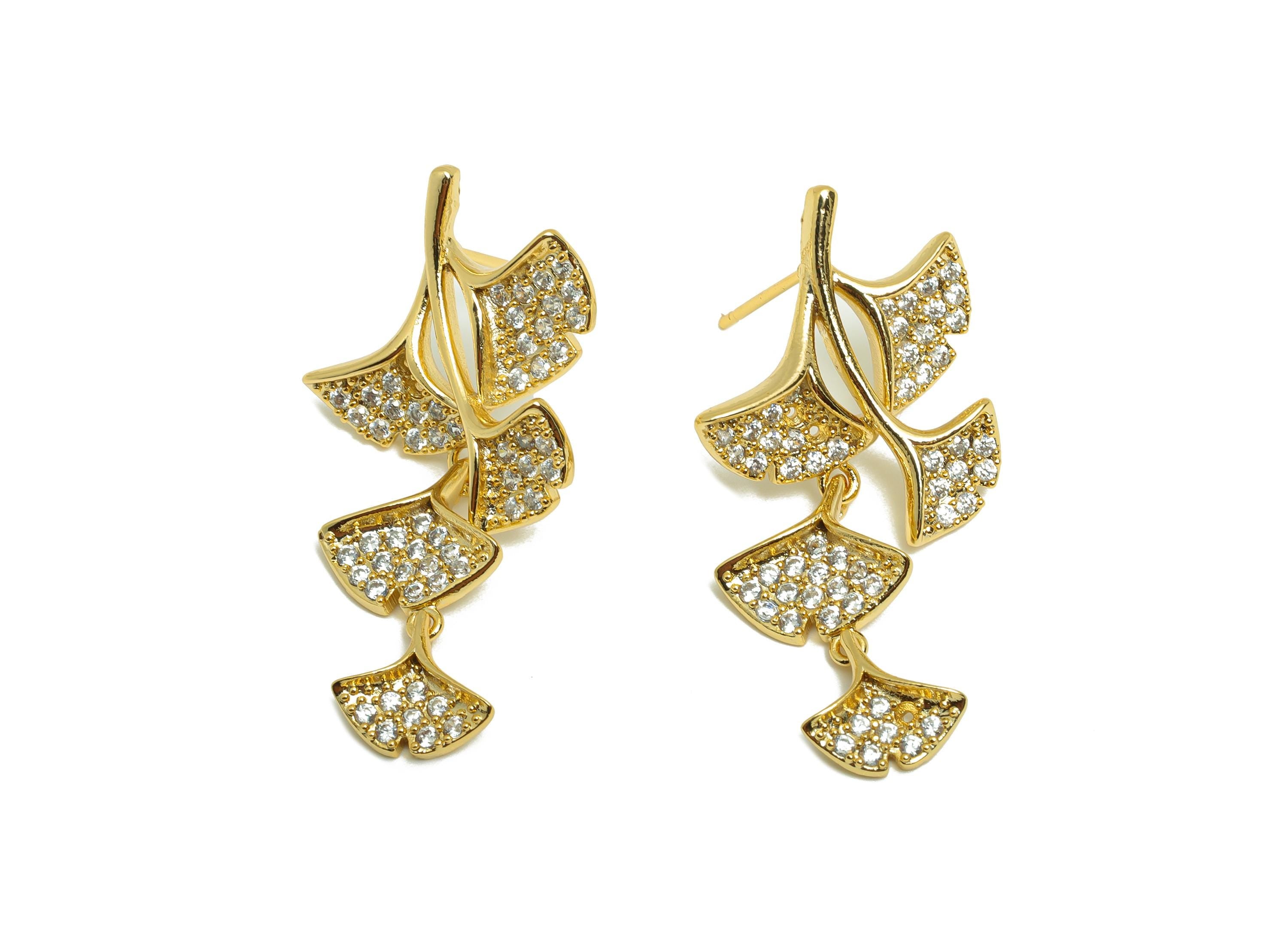 Brass Ginkgo Dangle Earring - Gold Zircon Leaves Earring - Daily Wear Dangle Earring Post - 18K Real Gold Plating-38.77x19.39x2.61mm-RGP9030 - DOMEDBAZAAR
