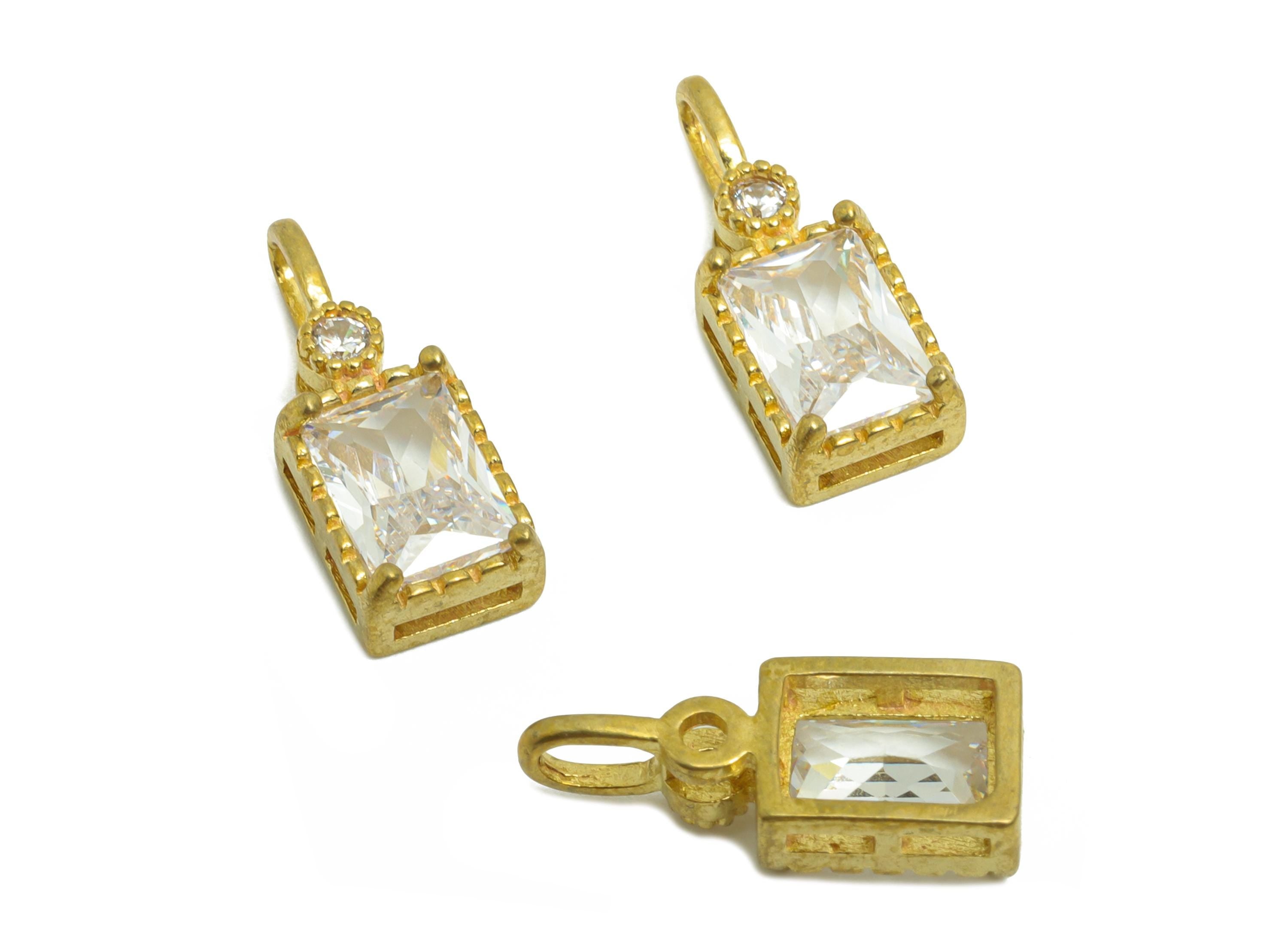 Rectangular Gemstone Pendant - Raw Brass Zircon Vintage Pendant - Luxury Charm Rectangular Gem Accent Stone - 15x6x3mm - PP10843 - DOMEDBAZAAR