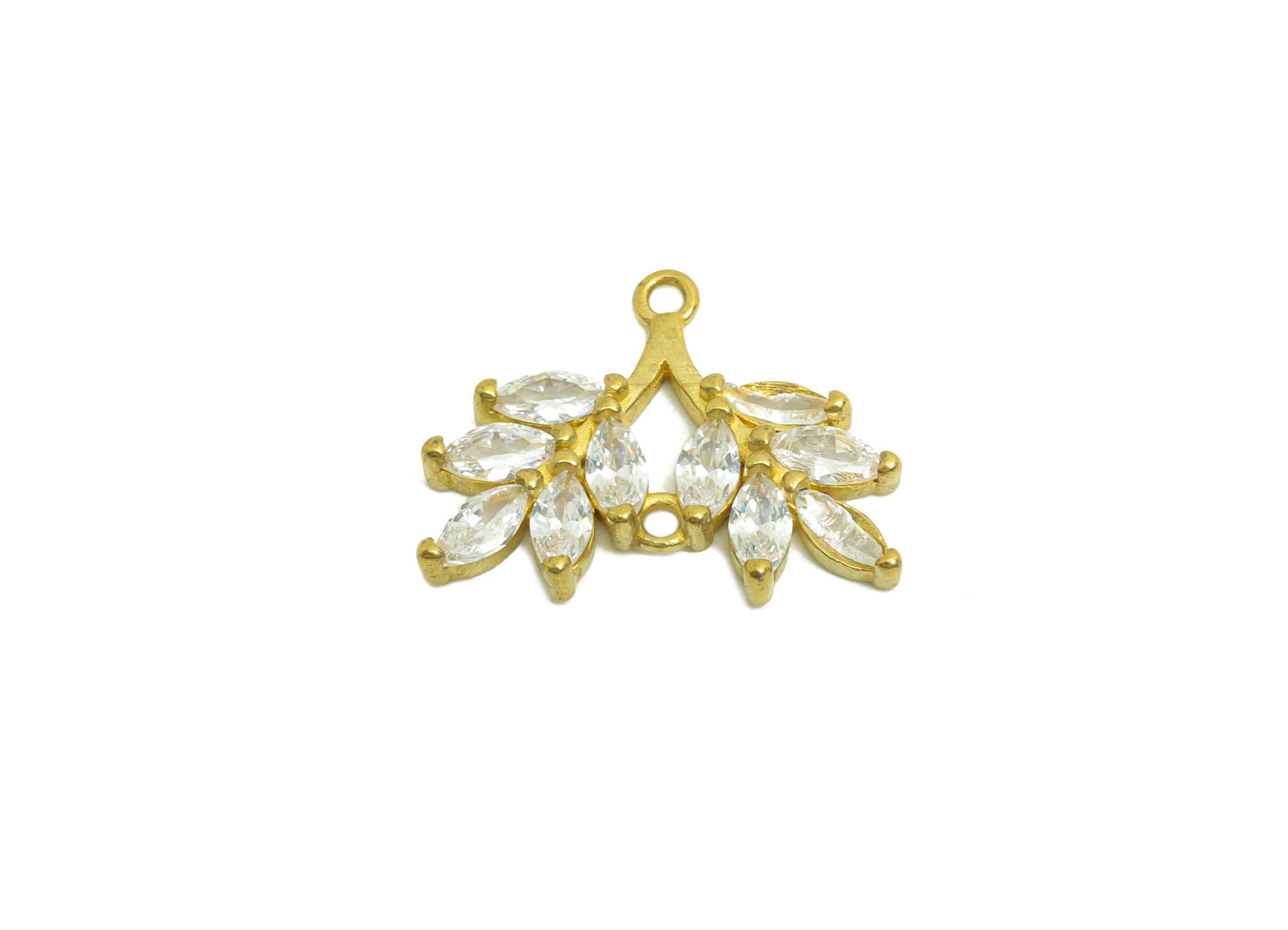 Brass Leaf Earring Charm - Raw Brass Zircon Botanical Pendant - Brass Sparkling White Marquise - Elegant Jewelry - 19.2x15.5x2.6mm - PP10840 - DOMEDBAZAAR