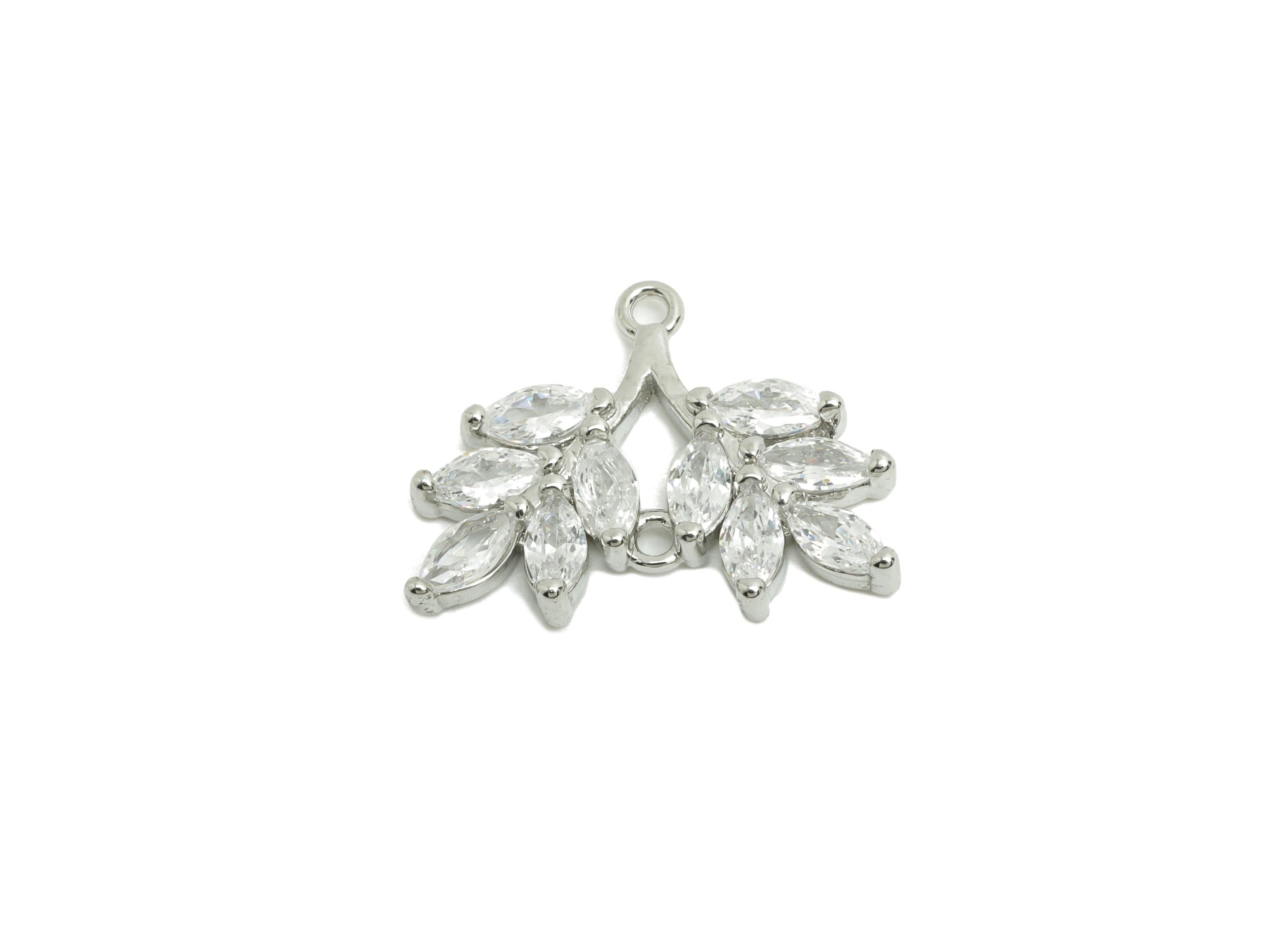 Brass Leaf Earring Charm - Brass Zircon Botanical Pendant - Brass Silver Sparkling Marquise - Elegant Jewelry - 19.2x15.5x2.6mm - RGP10127 - DOMEDBAZAAR