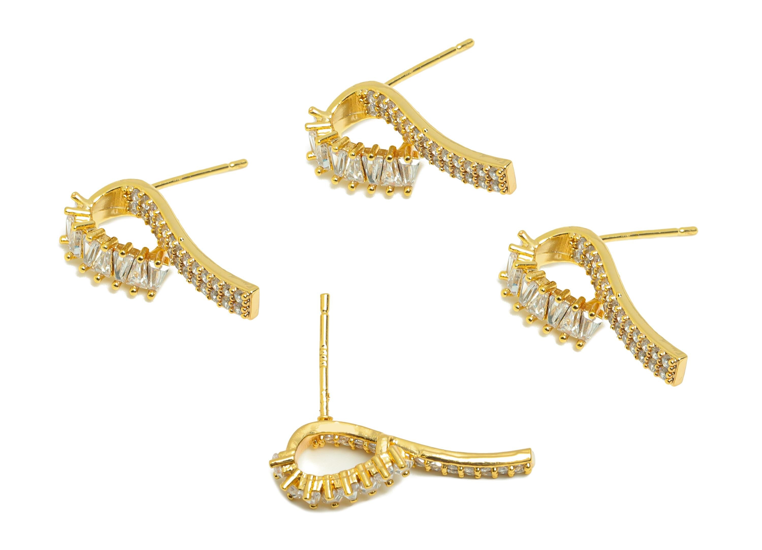 Brass Curved Bar Earring - Zircon Irregular Earring for Girls - Gold Daily Wear Earring - 18K Real Gold Plating - 23.43x6.78x1.79mm- RGP9035 - DOMEDBAZAAR