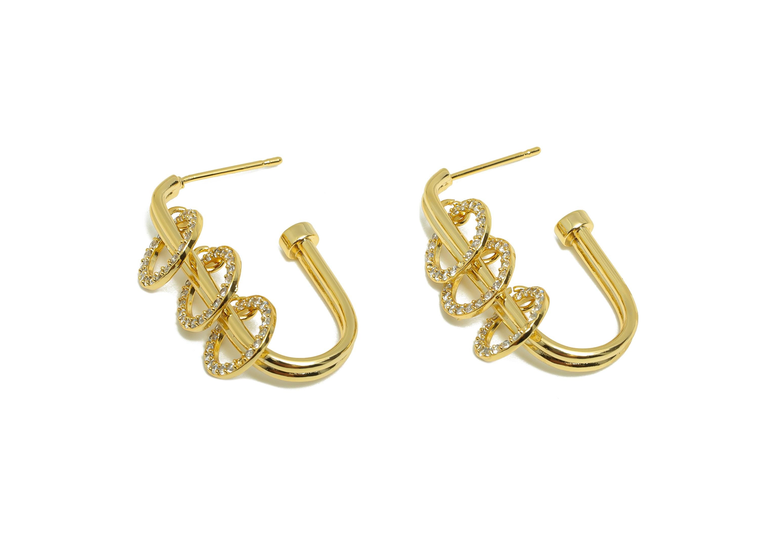 Brass Rectangle Earring - Zircon Dangle Hoop Earring Stud - Gold Rectangle Earring Post - 18K Real Gold Plating -28.55x16.36x1.39mm- RGP9036 - DOMEDBAZAAR