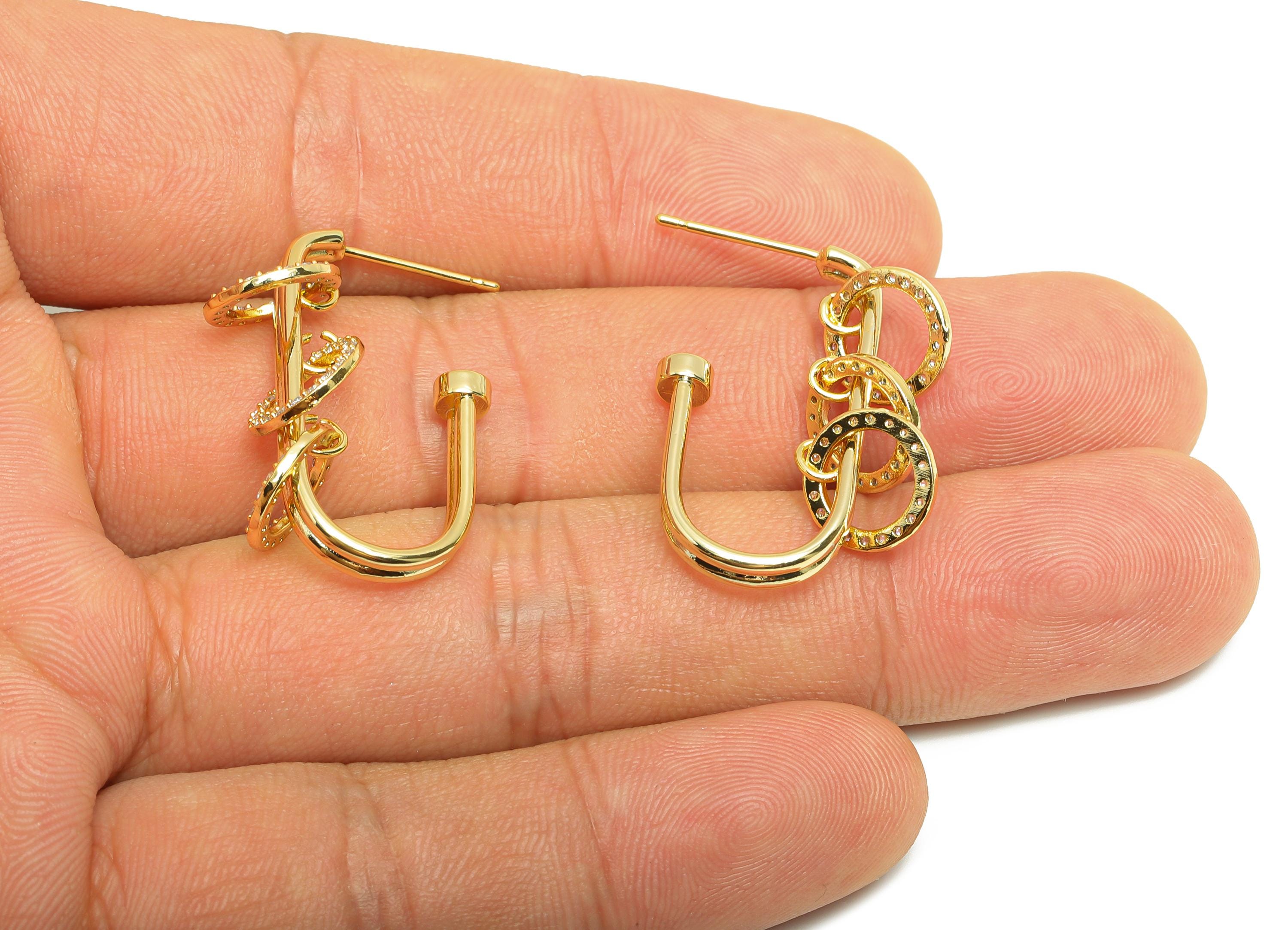 Brass Rectangle Earring - Zircon Dangle Hoop Earring Stud - Gold Rectangle Earring Post - 18K Real Gold Plating -28.55x16.36x1.39mm- RGP9036 - DOMEDBAZAAR