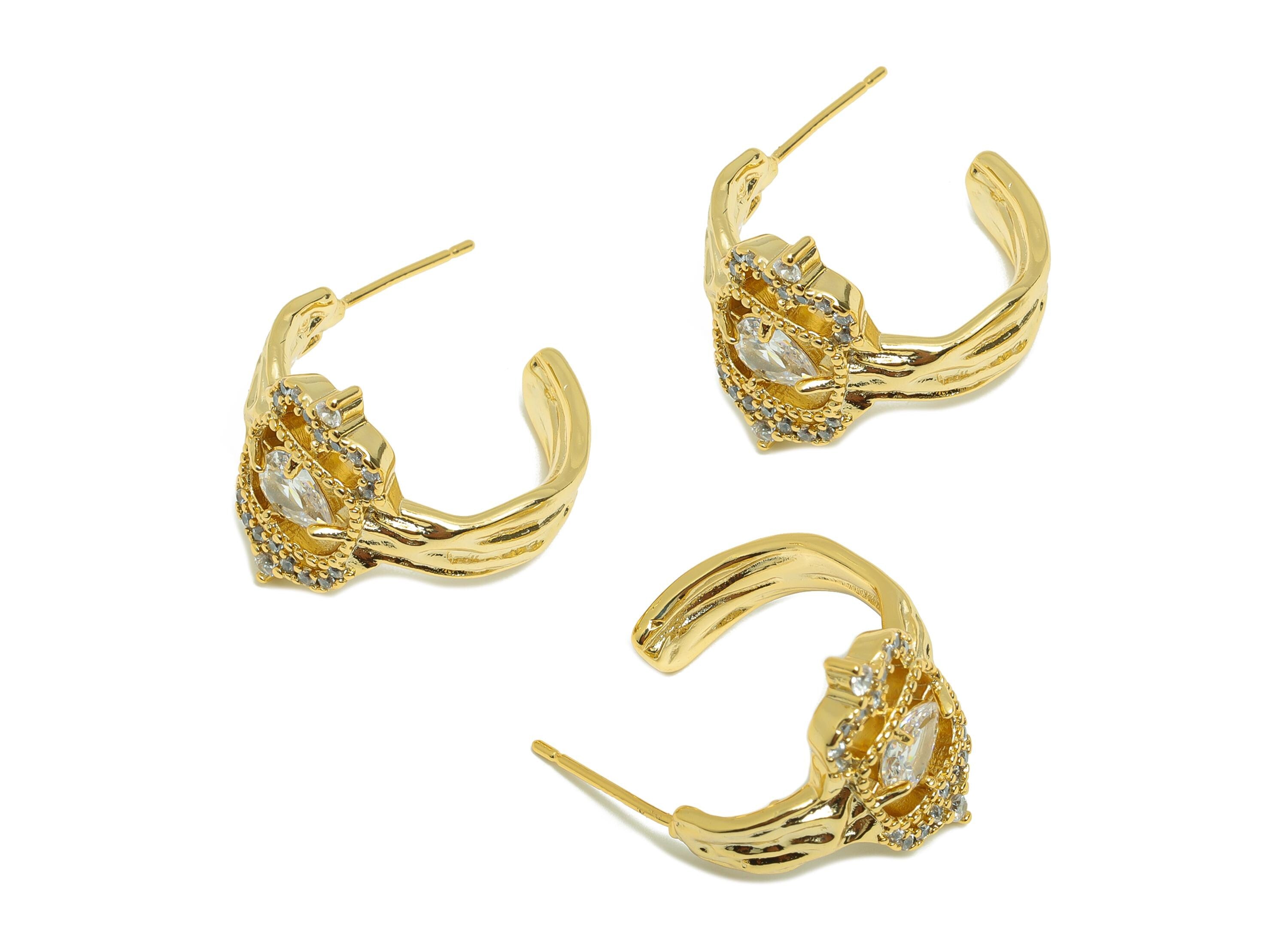 Brass Zircon Earring Stud - Gold Minimalist C Hoop Earring Post - Circle Party Earring - 18K Real Gold Plating - 25.22x20.91x0.8mm - RGP9037 - DOMEDBAZAAR