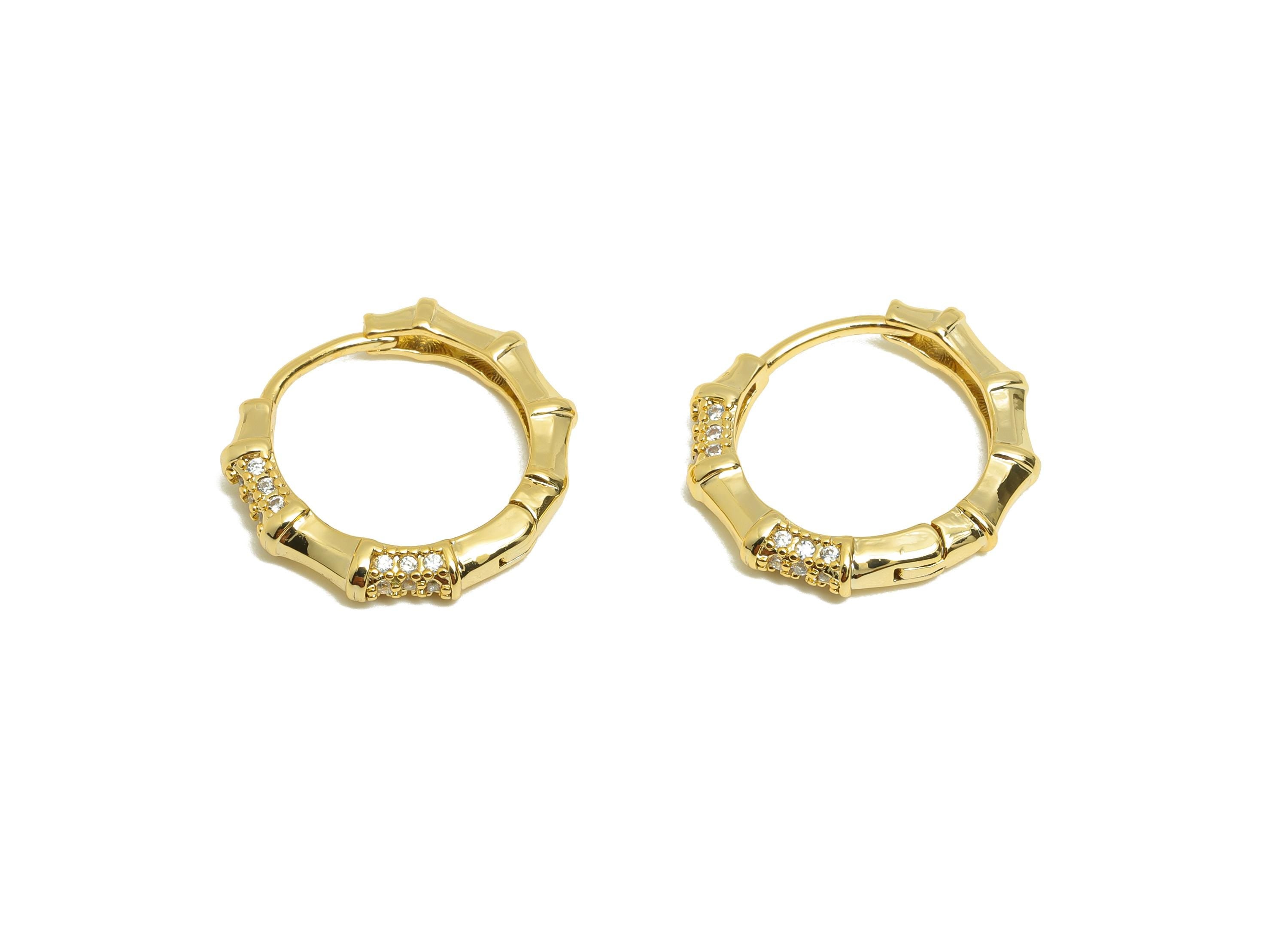 Brass Bamboo Hoop Earring - Gold Huggie Earring for Girl's - Zircon Daily Wear Earring - 18K Real Gold Plated - 16.93x14.52x2.14mm - RGP9045 - DOMEDBAZAAR