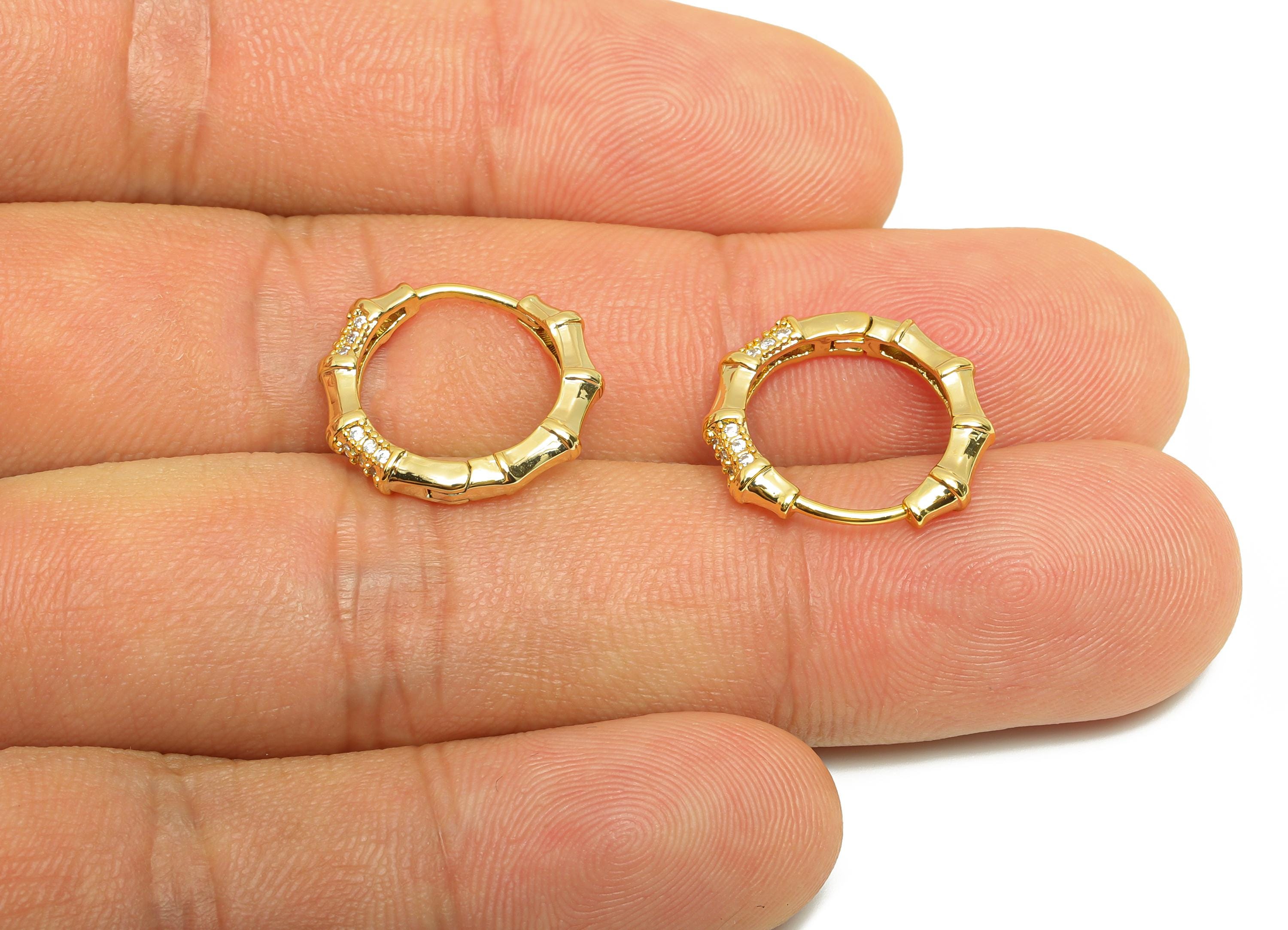 Brass Bamboo Hoop Earring - Gold Huggie Earring for Girl's - Zircon Daily Wear Earring - 18K Real Gold Plated - 16.93x14.52x2.14mm - RGP9045 - DOMEDBAZAAR
