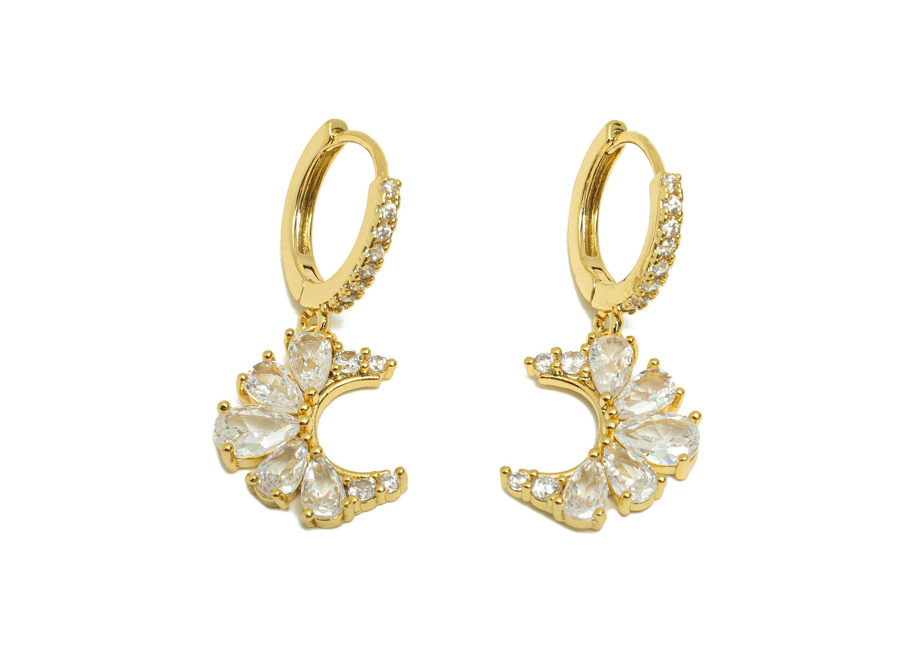 Brass Moon Dangle Earring - Gold Zircon Huggie Earring - Crescent Daily Wear Dangle Ear - 18K Real Gold Plating -28.83x13.77x2.74mm -RGP9063 - DOMEDBAZAAR