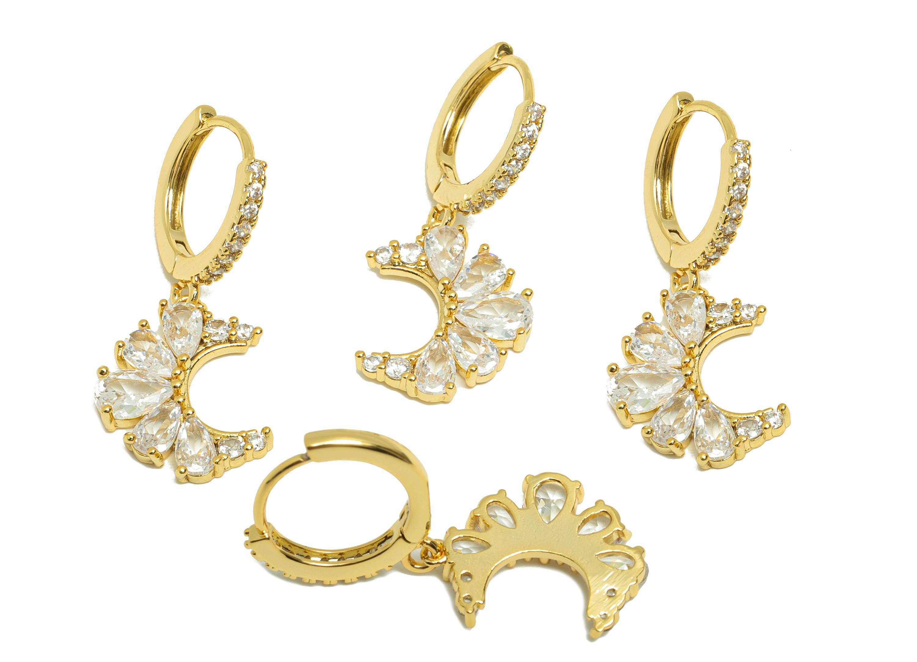 Brass Moon Dangle Earring - Gold Zircon Huggie Earring - Crescent Daily Wear Dangle Ear - 18K Real Gold Plating -28.83x13.77x2.74mm -RGP9063 - DOMEDBAZAAR