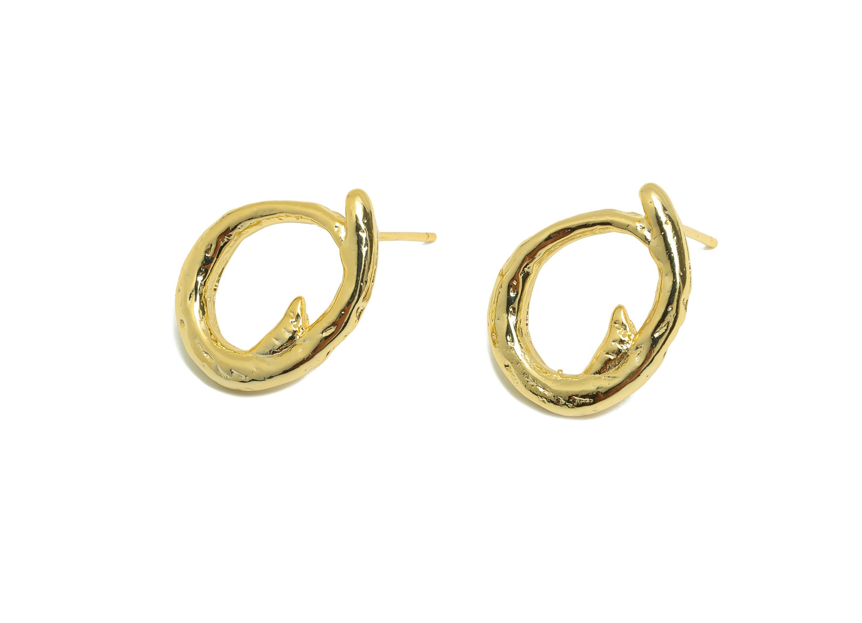 Brass Oval Earring Stud - Gold Hammered Oval Earring Post - Irregular Daily Wear Ear - 18K Real Gold Plating - 18.04x2.38x2.37mm - RGP9066 - DOMEDBAZAAR