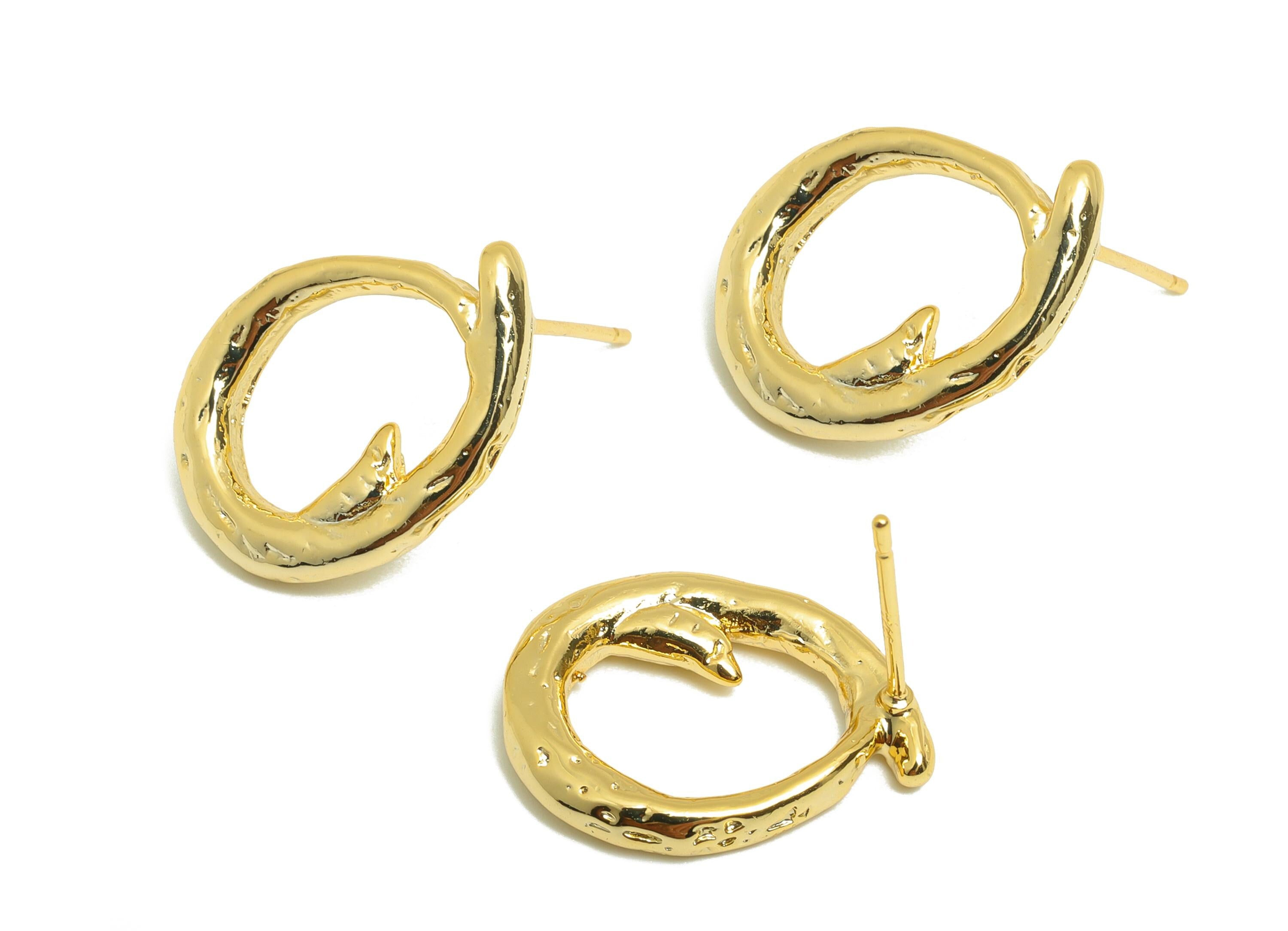 Brass Oval Earring Stud - Gold Hammered Oval Earring Post - Irregular Daily Wear Ear - 18K Real Gold Plating - 18.04x2.38x2.37mm - RGP9066 - DOMEDBAZAAR