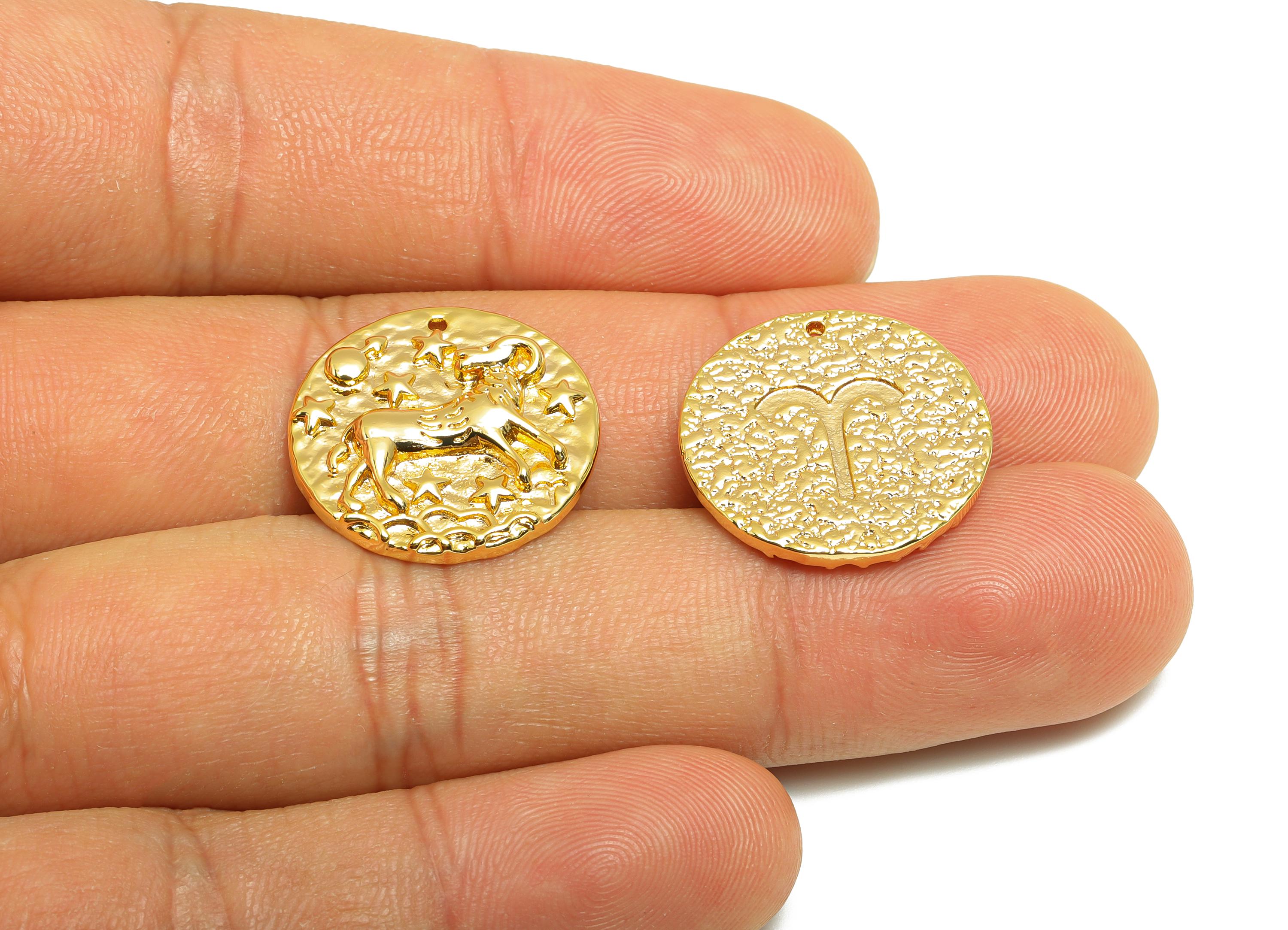 Aries Round Earring Charm - Brass Zodiac Pendant - Brass Horoscopes Scorpio Necklace- 18K Real Gold Plated - 19.4x19.4x2.76mm - RGP4783M - DOMEDBAZAAR