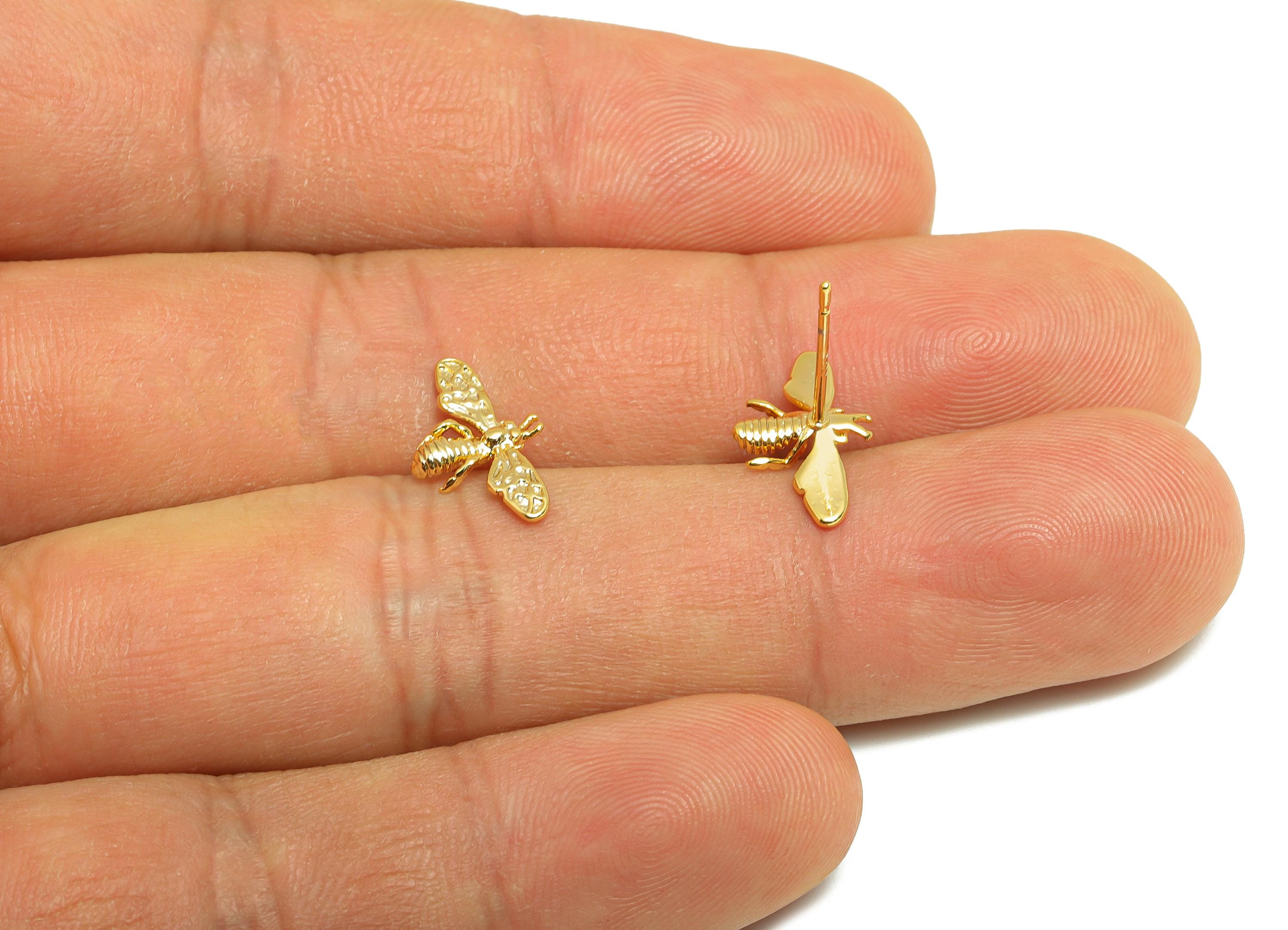 Honeybee Earring Stud - Brass Small Bee Jewelry - Minimalist Bee Earring - Gold Bee Stud - 18K Real Gold Plated - 14.18x8x0.58mm- RGP9169 - DOMEDBAZAAR