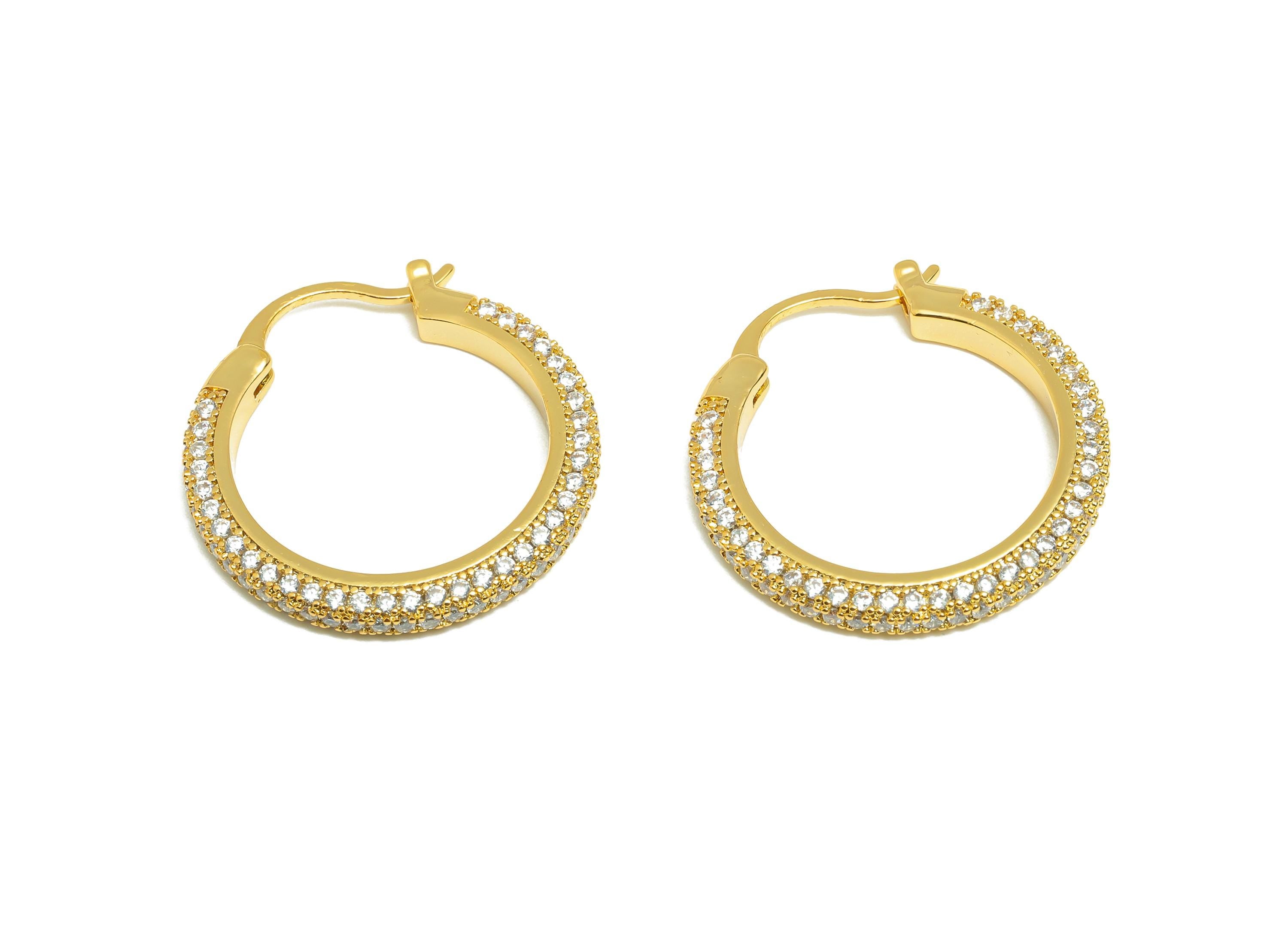 Brass Circle Hoop Earring - Gold Zircon 24mm Huggie Earring - Daily Wear Hinged Back Earring - 18K Real Gold Plated-24x24x2.85mm -RGP9093-24 - DOMEDBAZAAR