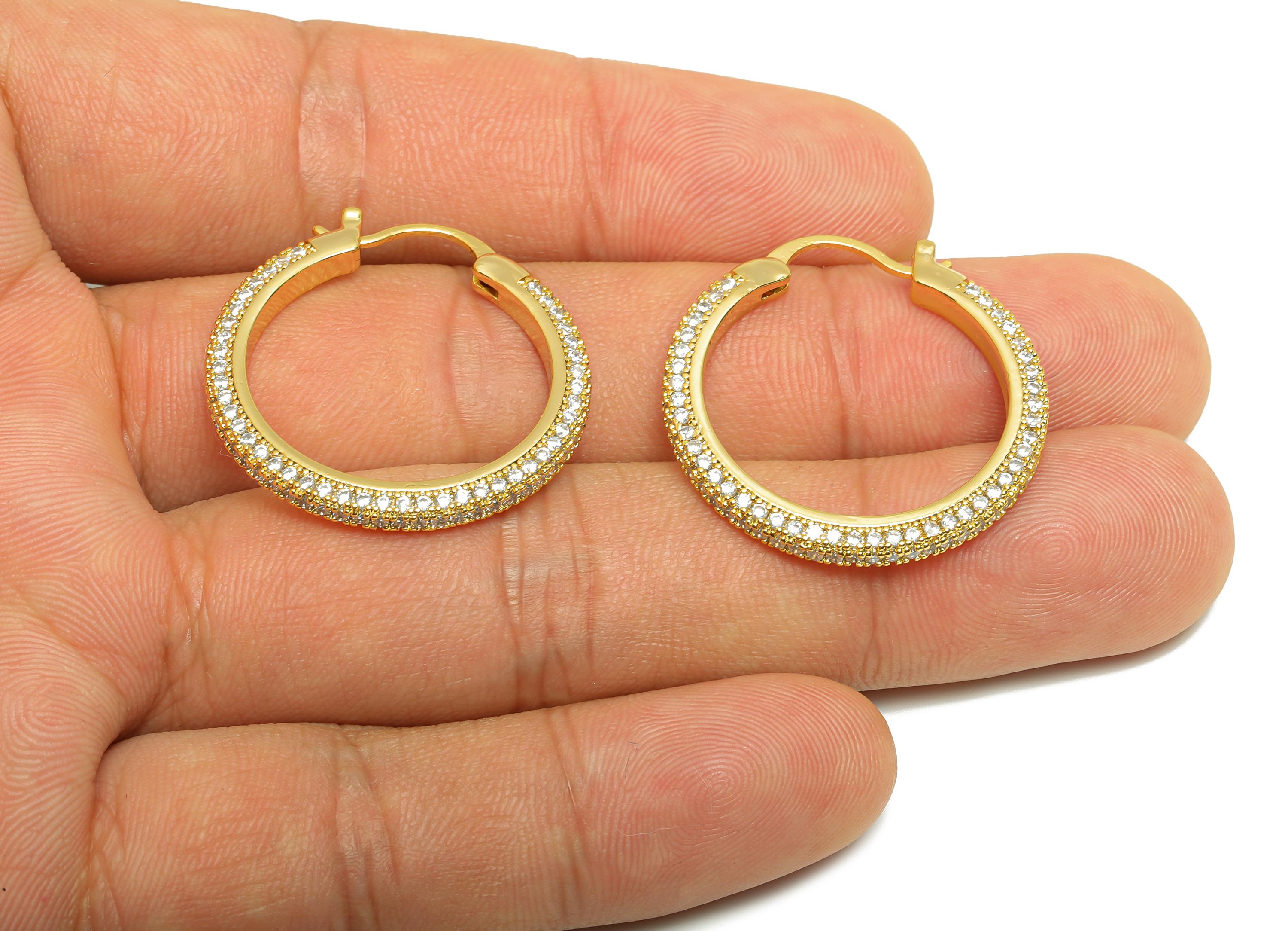 Brass Circle Hoop Earring - Gold Zircon 28mm Huggie Earring - Daily Wear Hinged Back Earring - 18K Real Gold Plated-28x28x2.88mm -RGP9093-28 - DOMEDBAZAAR