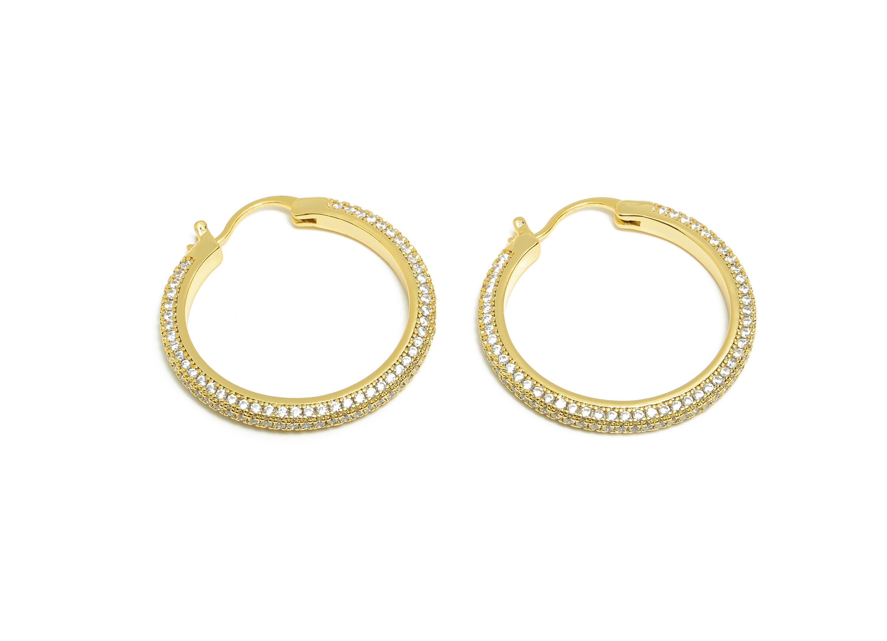 Brass Circle Hoop Earring - Gold Zircon 30mm Huggie Earring - Daily Wear Hinged Back Earring - 18K Real Gold Plated -30x30x2.9mm -RGP9093-30 - DOMEDBAZAAR