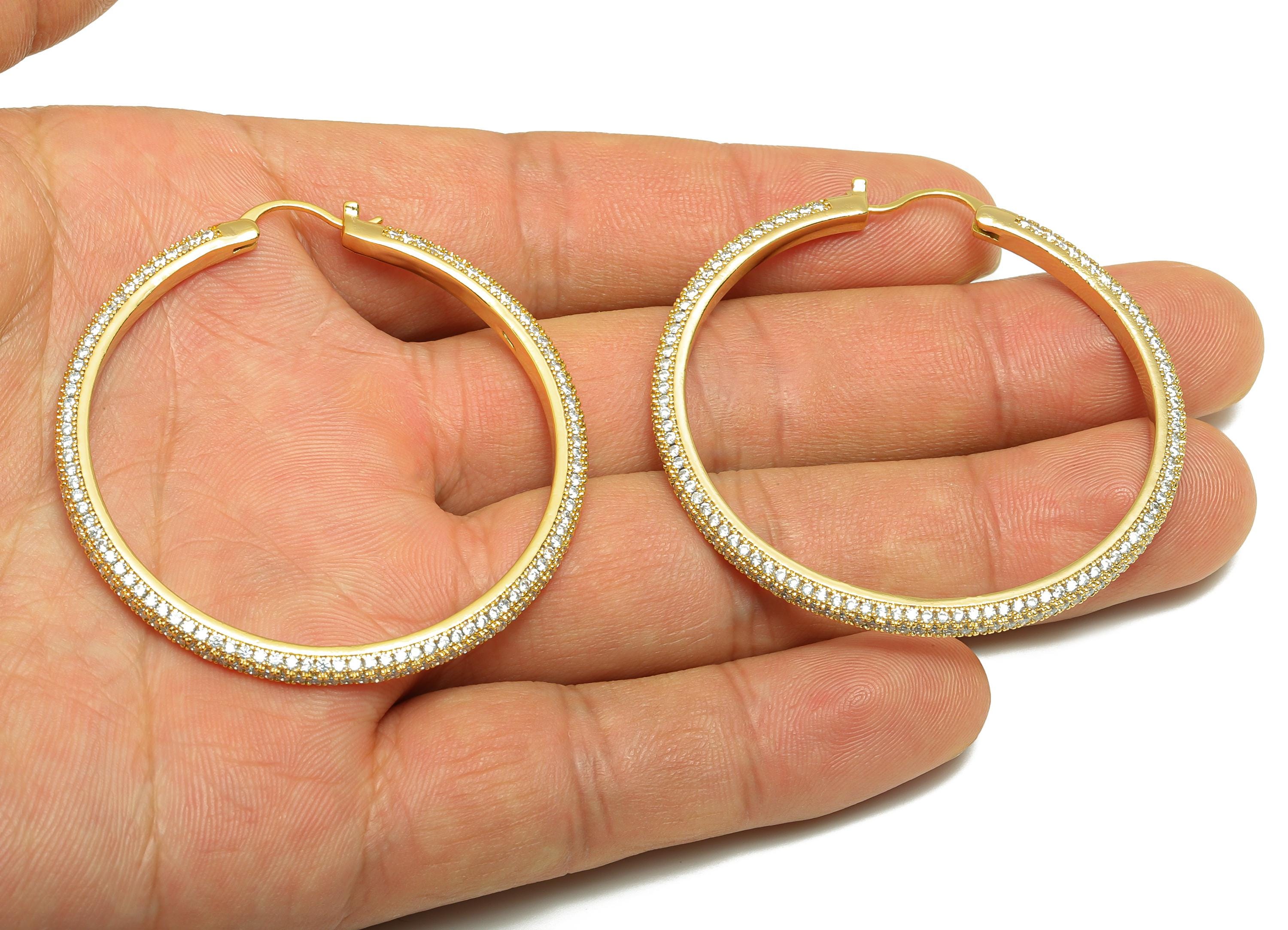 Brass Circle Hoop Earring - Gold Zircon 50mm Huggie Earring - Daily Wear Hinged Back Earring - 18K Real Gold Plated -50x50x2.92mm-RGP9093-50 - DOMEDBAZAAR