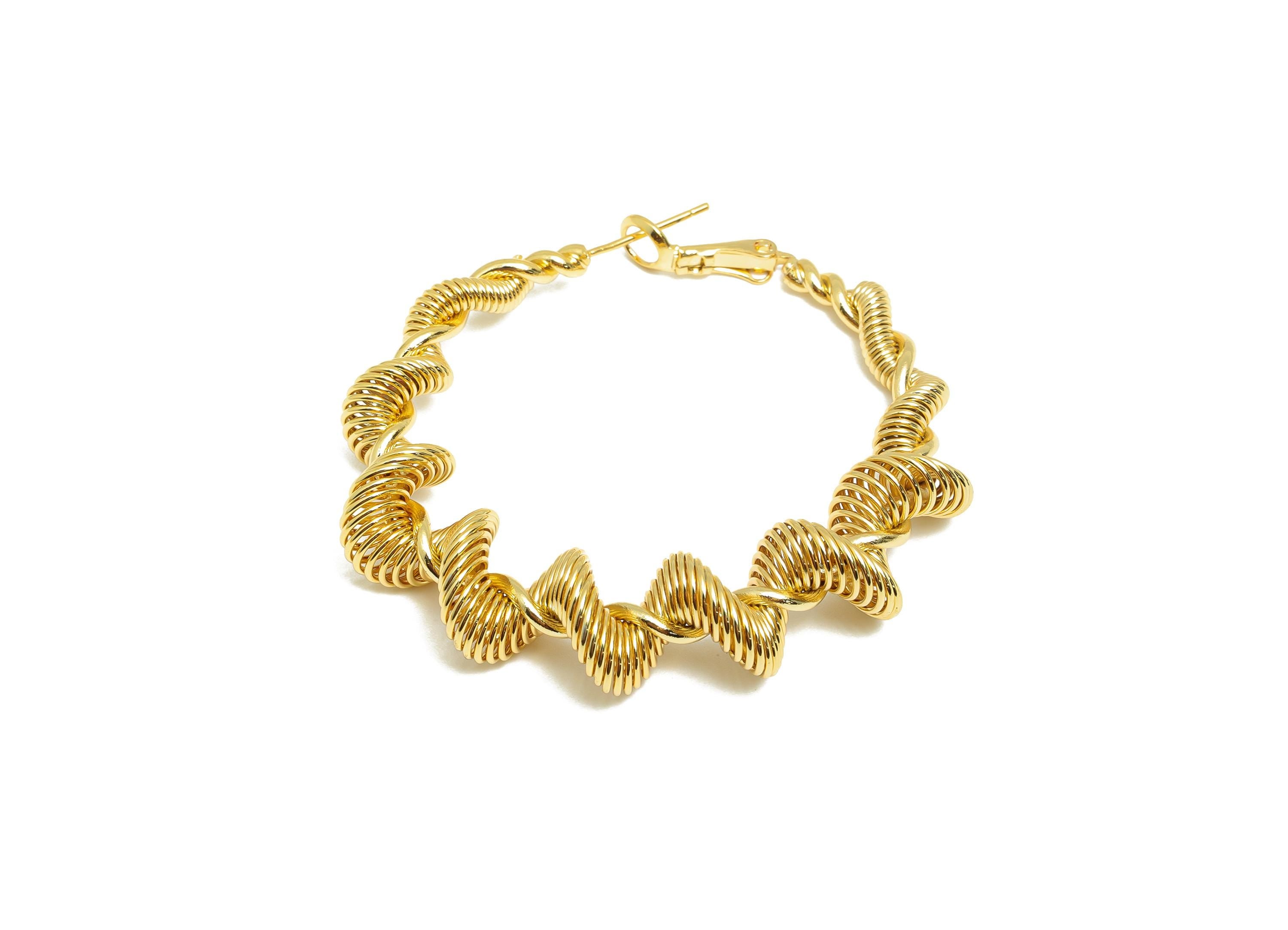 Threaded Hoop Earring - Brass Bold Earring Stud - Chunky Spiral Clasp - Push Back Earring Post - 18K Real Gold Plated - 48x44x11mm - RGP9175 - DOMEDBAZAAR