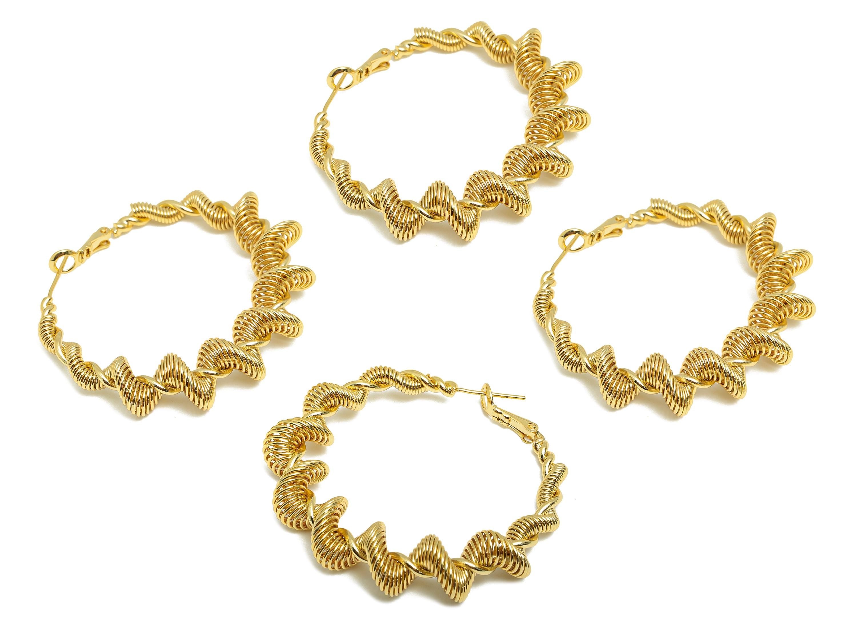 Threaded Hoop Earring - Brass Bold Earring Stud - Chunky Spiral Clasp - Push Back Earring Post - 18K Real Gold Plated - 48x44x11mm - RGP9175 - DOMEDBAZAAR